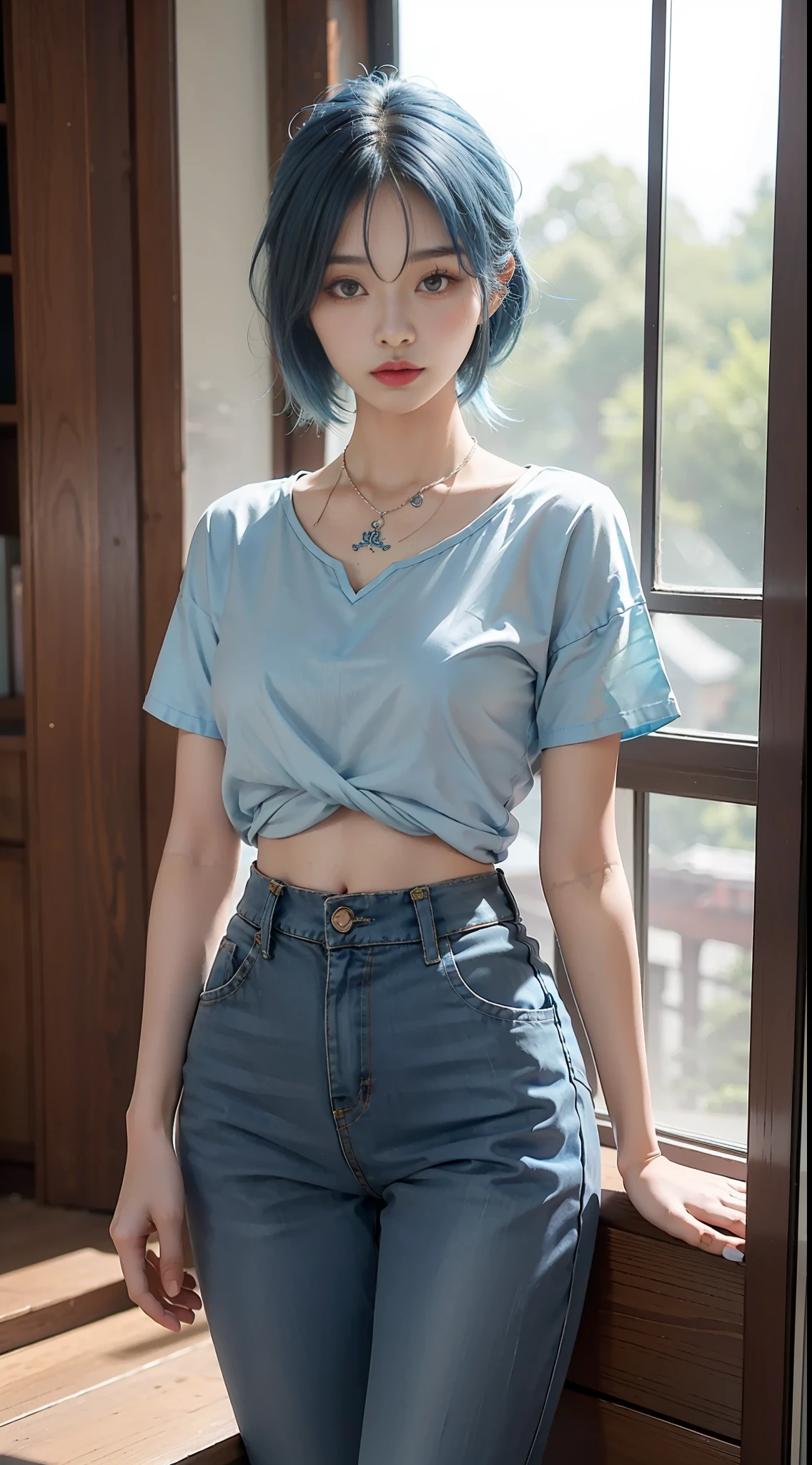 necklace, short sleeves, araf asian woman with blue hair and tattoo posing in front of window, photo slim girl model, 2 4 year old female model, slim girl photo, korean girl, attractive pose, gorgeous young korean woman, ulzzang, casual pose, thin waist, sexy look, light blue, tight clothing, cute elegant pose, sakimichan