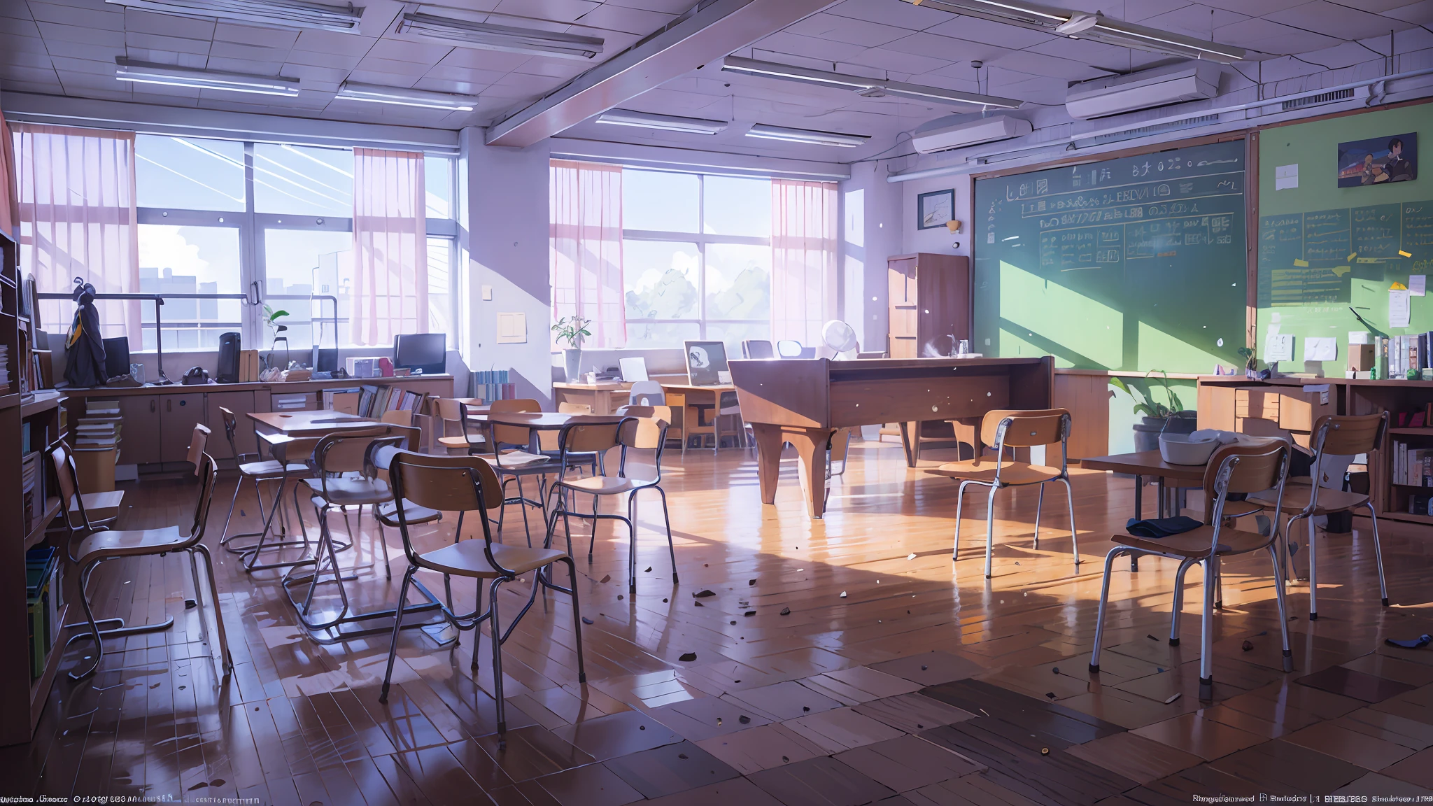 Shinkai Makoto style, Miyazaki style, interior scene, cool color, sunlight penetration, two-dimensional scene, school, library, floor, table, chair, classroom, desk and chair staggered arrangement, there is a close-up, medium, far-range, low saturation, low contrast