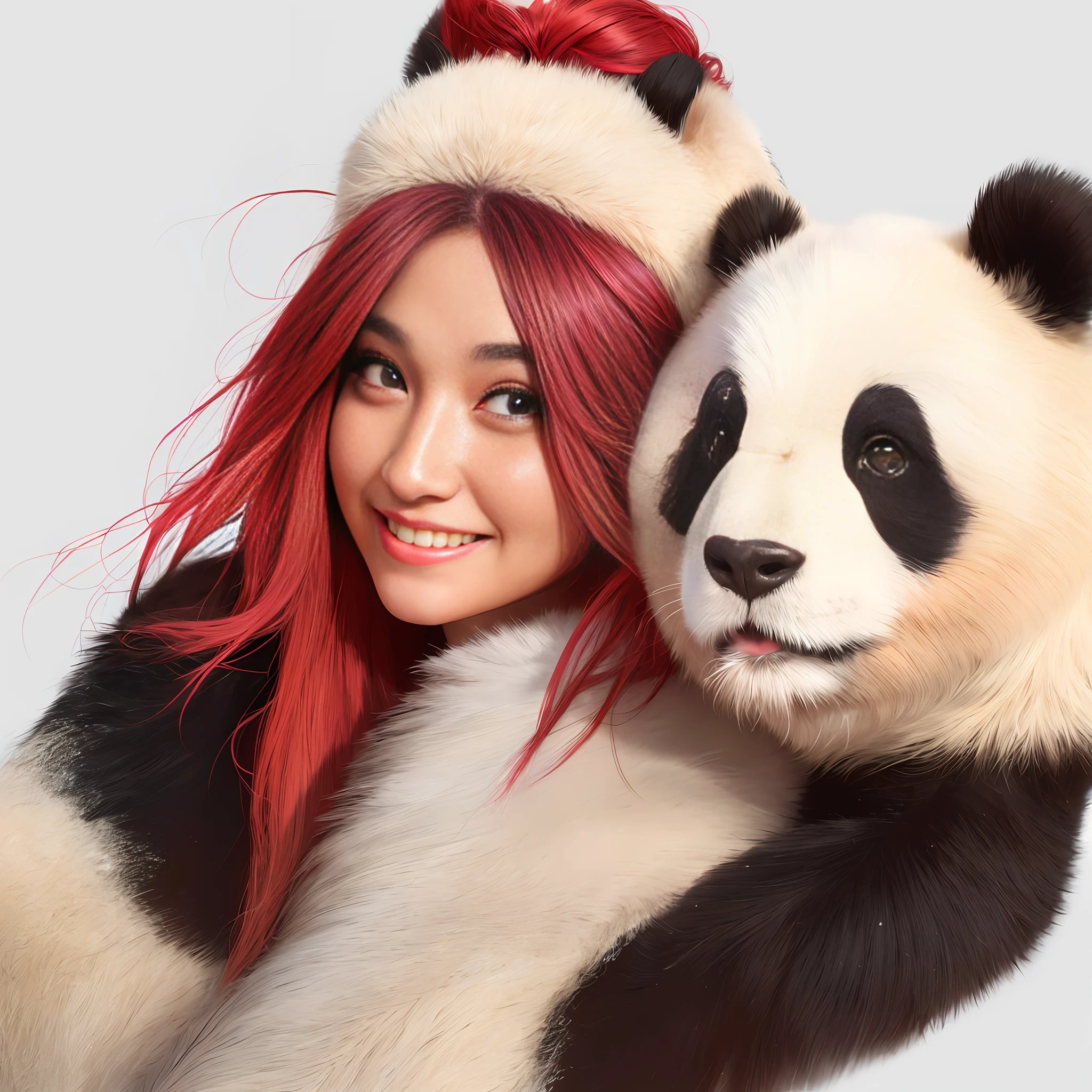 Giant panda holding beautiful girl, girl with double braids, red gradient hair, aqua green eyes, light smile, grin, bright pupils, sideburns slightly upturned, relief effect, tachi-e style, first-person perspective, minimalism, film grain, bloom effect, bokeh effect, 8K Ultra HD, Super Detail, Best Quality, UHD, High Detail, textured skin, High quality.