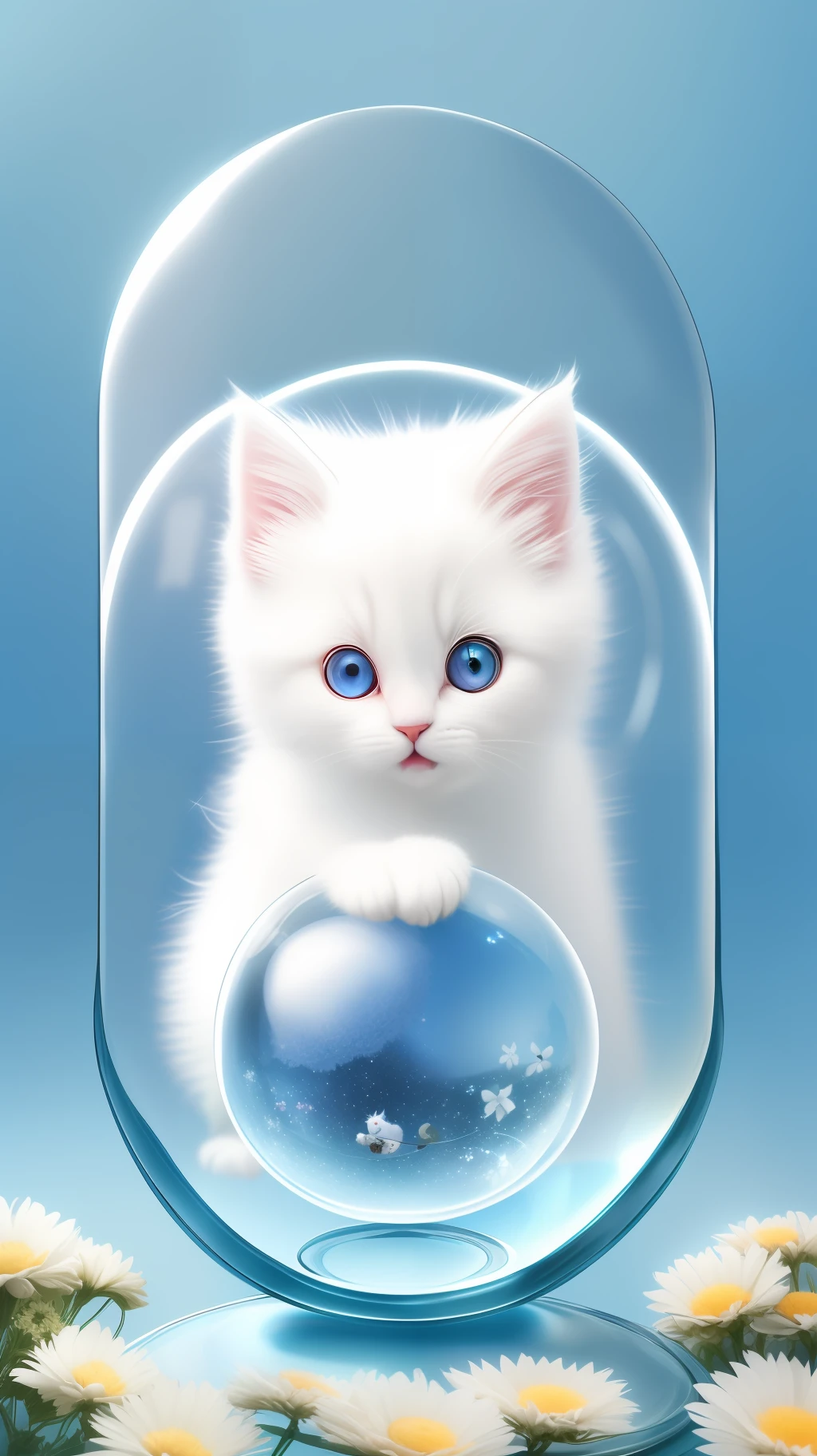 A cute fluffy white-haired kitten in a sweater, big ears, big eyes, next to flowers inside a glass ball, flowers, light blue background, Morandi color, open mouth, laughing !!!, funny, (floating in space: 1.1) jubbslineart_v2