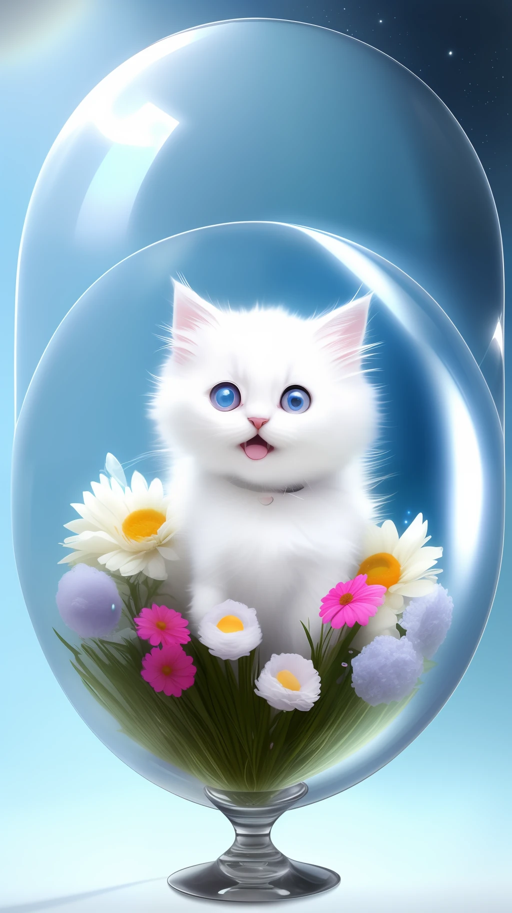 A cute fluffy white-haired kitten in a sweater, big ears, big eyes, next to flowers inside a glass ball, flowers, light blue background, Morandi color, open mouth, laughing !!!, funny, (floating in space: 1.1) jubbslineart_v2