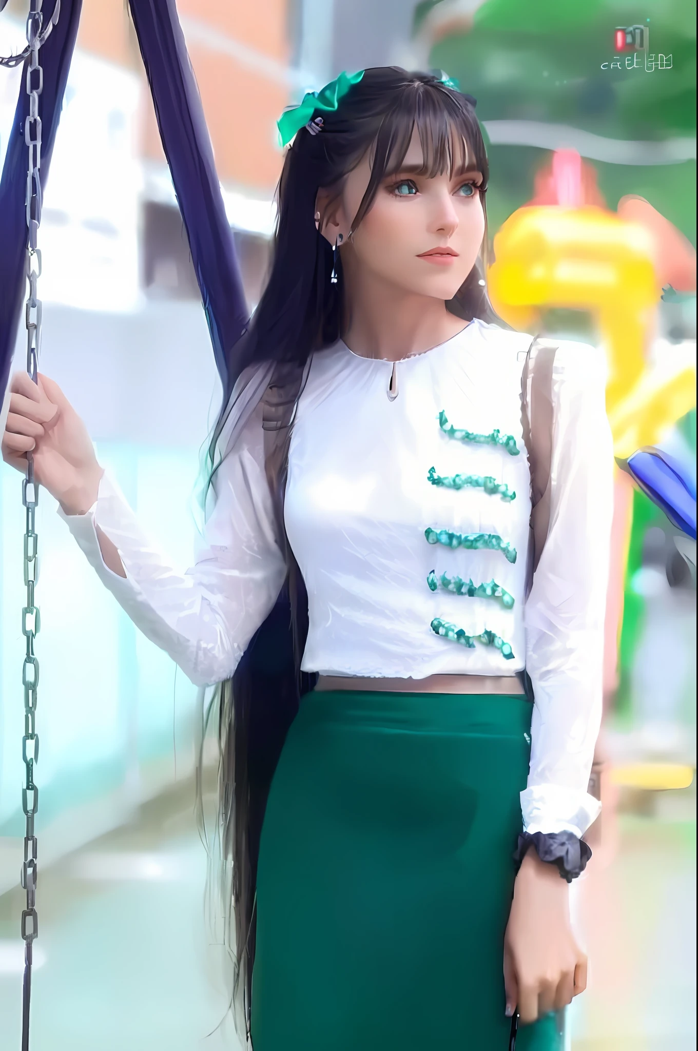 (8k, RAW photo, best quality, masterpiece:1.2), (((1girl, solo))), (perfect eyes), detailed face, detailed skin, aqua eyes, ((gray hair)), long hair, (hair ornament, earrings, necklace), portrait, (blue dress:1.3), revealing clothes, looking at viewer, looking at camera, (black pantyhose, thighhighs), crossed legs, (sliver high heels:1.5), window, city, street, night, hotel, skyscraper, skyline, view