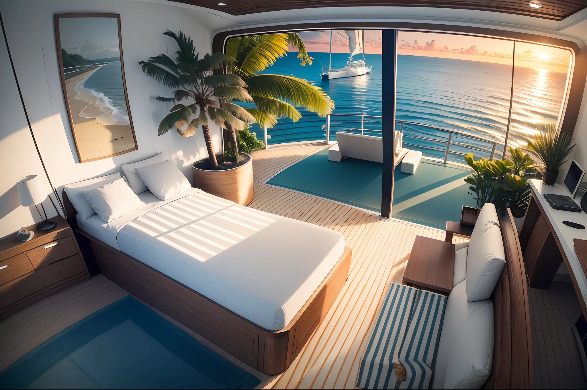 F1RPTR white hull, ultra wide angle, yacht intersection with the sea, tropical paradise, award-winning masterpiece, sunset, cloudy sky, natural light, sharp focus, smooth, intricate details, 8K wallpapers, popular on ArtStation
