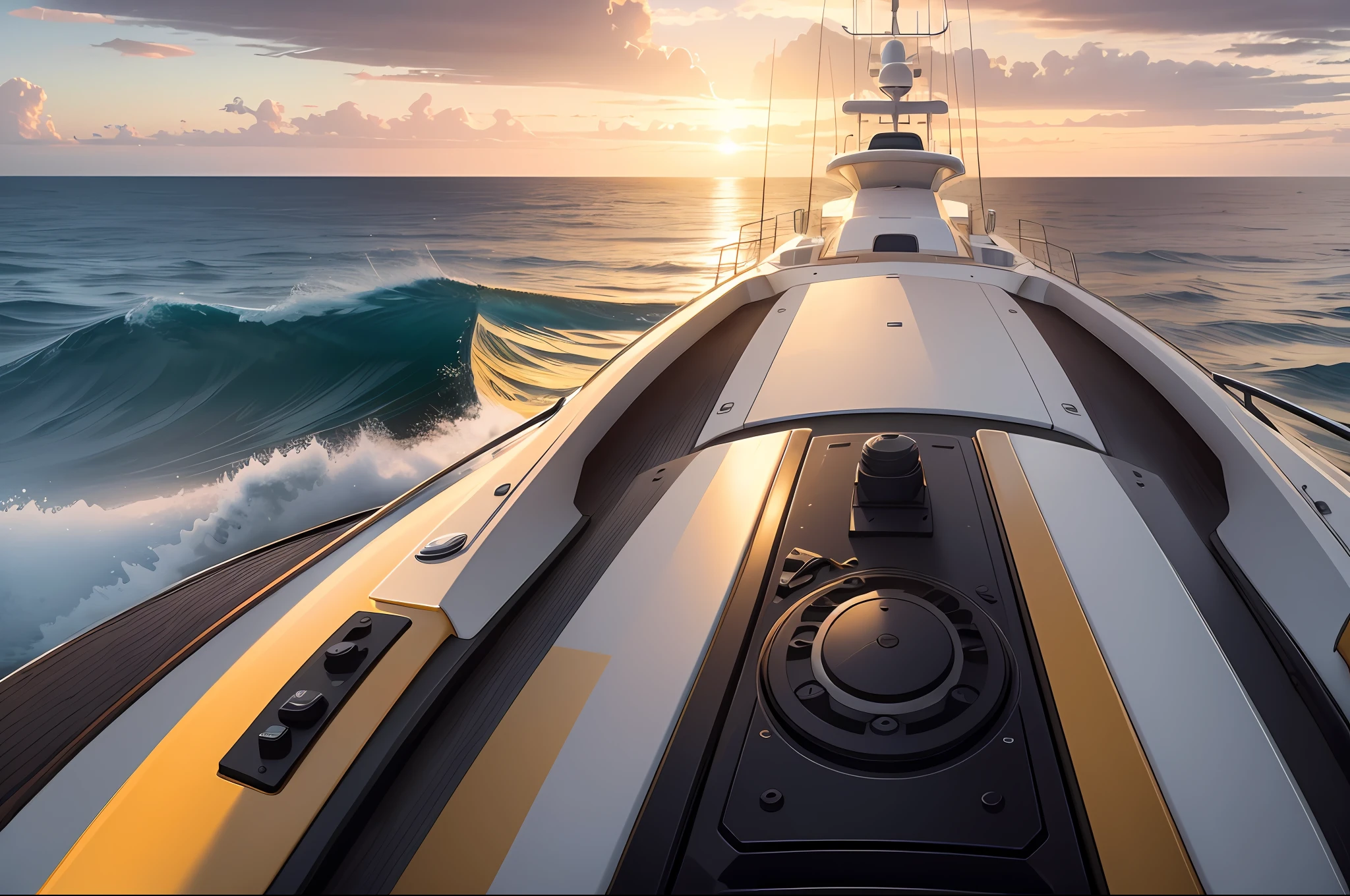 F1RPTR Yellow hull, ultra wide angle, yacht intersection with sea, award-winning masterpiece, sunset, cloudy sky, natural light, sharp focus, smooth, intricate details, 8K wallpapers, popular on ArtStation