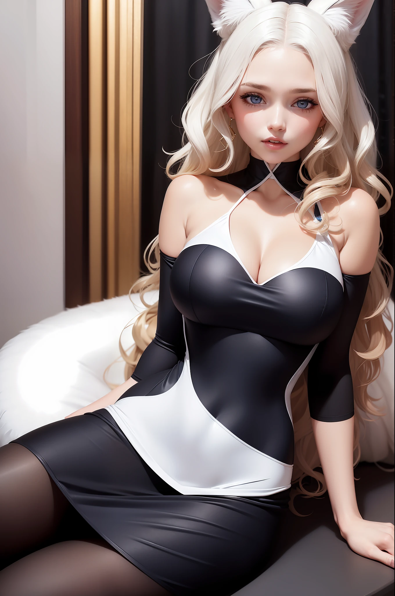 Woman with ,golden curly hair,Blue eyes,white fox ears,,black tight dress