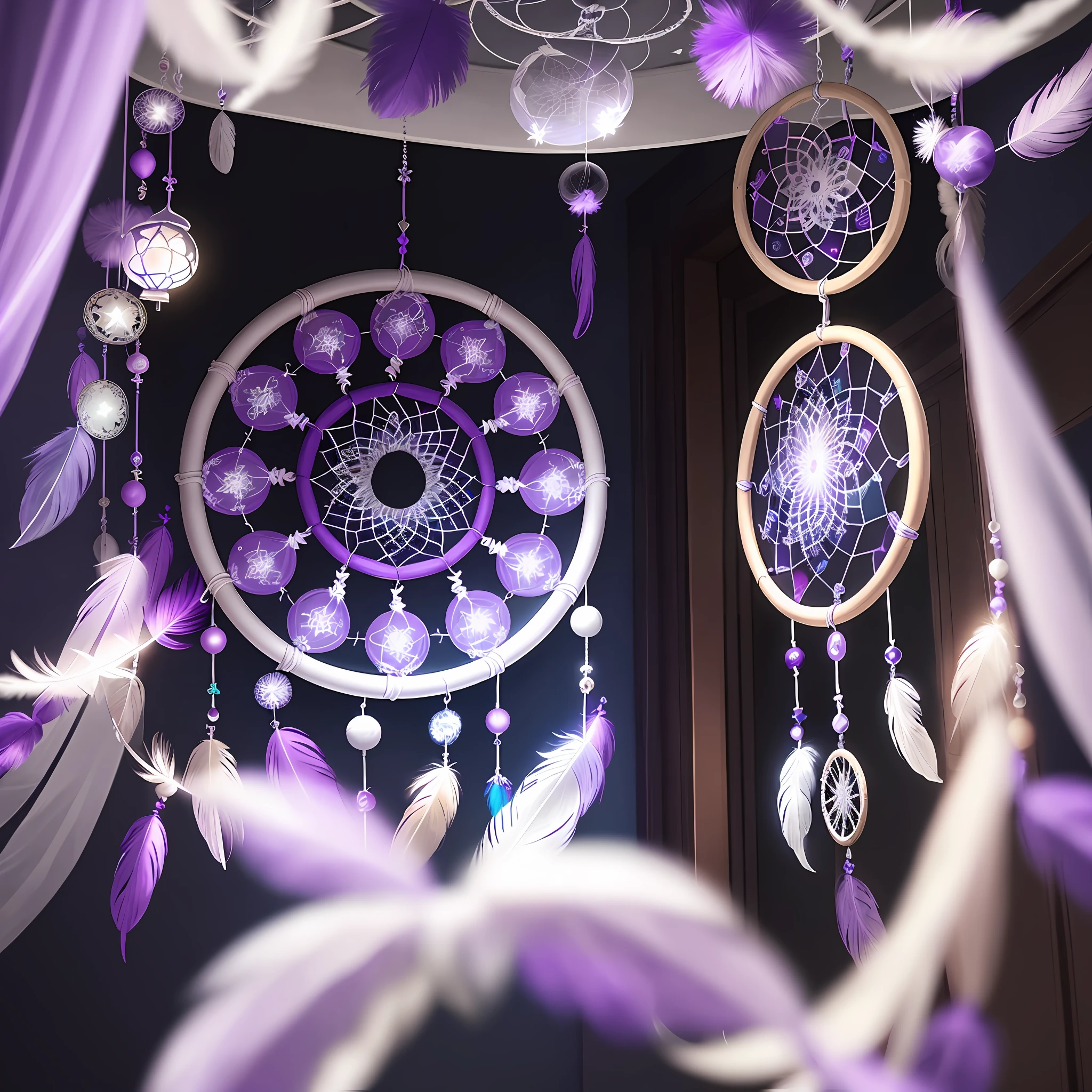 white dream catcher with a star on it, dreamcatcher, dreamcatchers, feathers, galactic dreamcatchers, white color, white hue, purple hues, purple and blue, wind chimes, feather earing, purple and pink, made of feathers, purple and blue colored, purples, blue and purple, beautiful feathers, shades of white, full dream catcher in the wall of room, dream catchers full on room wall