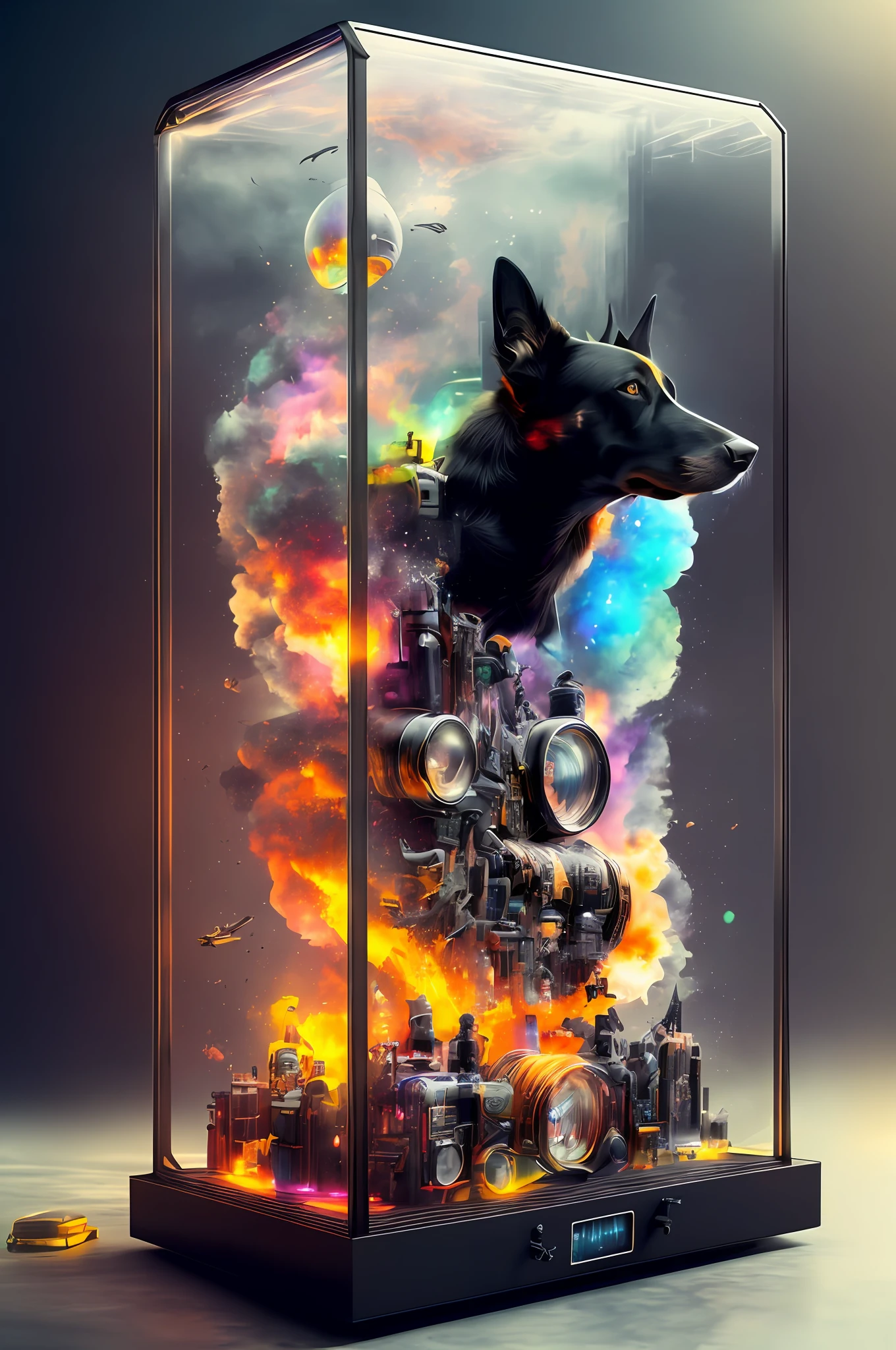 (Realistic, vibrant, dramatic, sharp-focused, black dog, kneeboard, 8K, steam, cyberpunk, cool.)