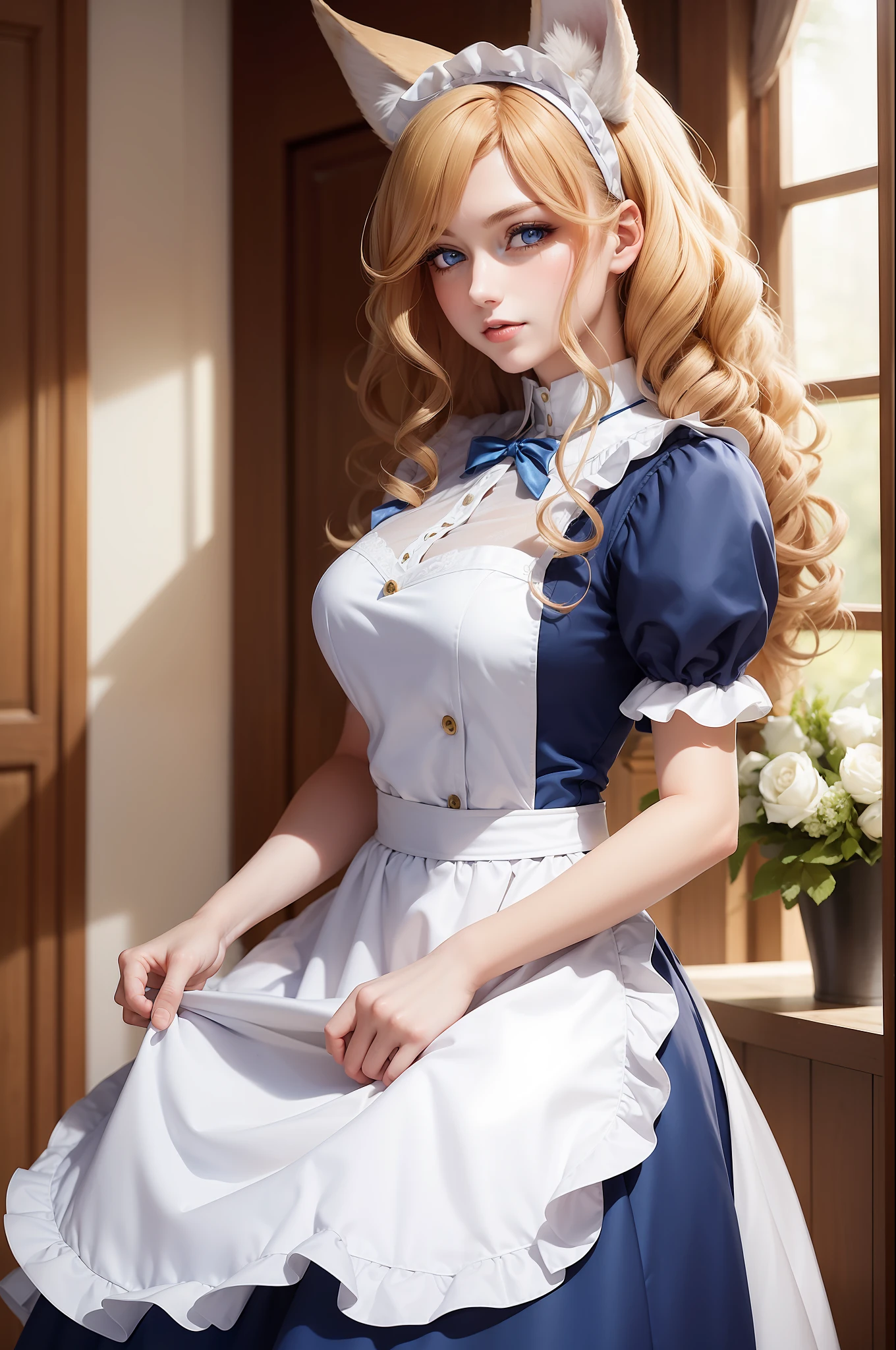 Woman with ,golden curly hair,Blue eyes,white fox ears,,dressed as a maid