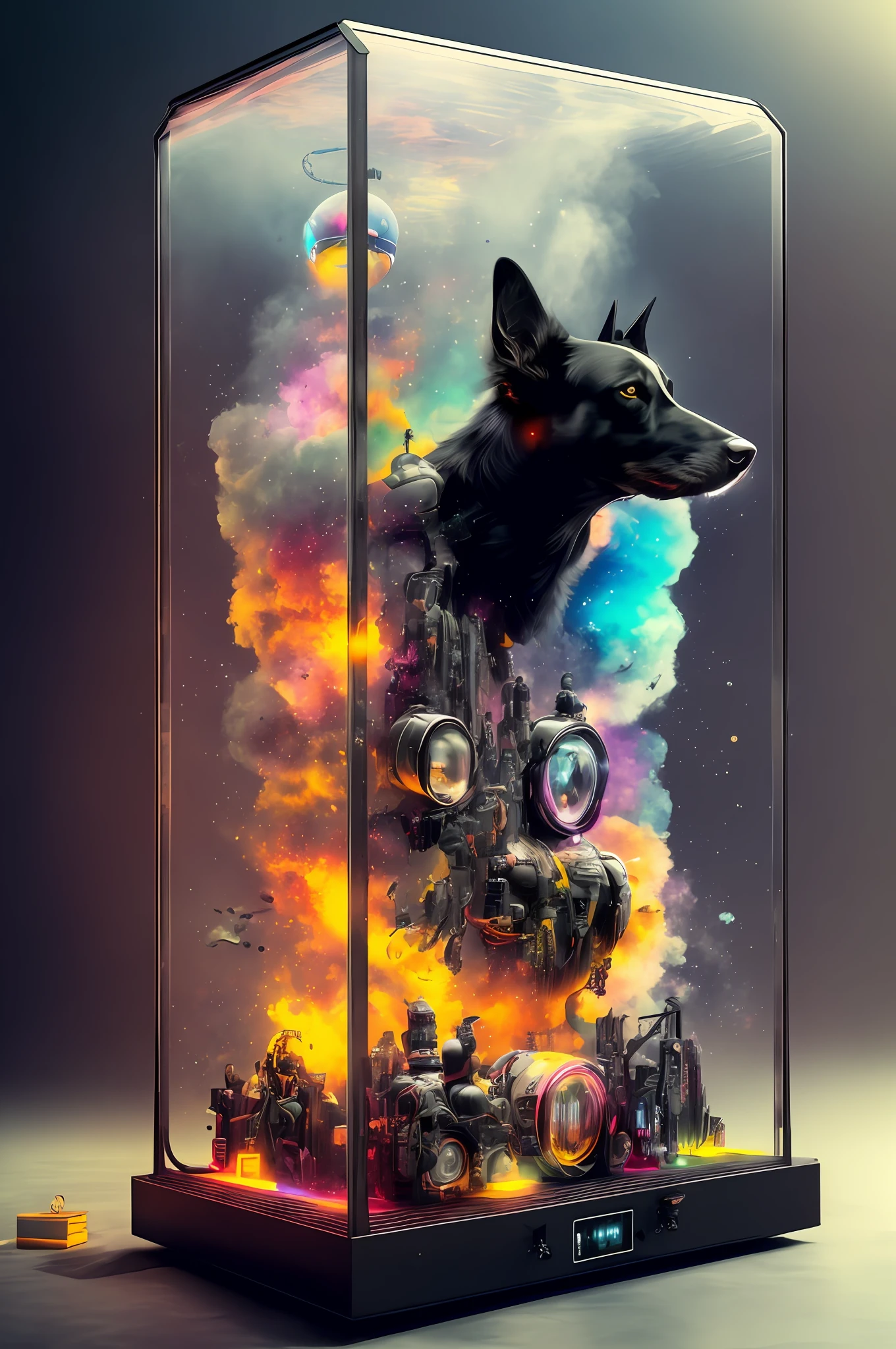 Ultra-clear and sharp 8K quality, adding vibrancy and drama to the steam cyberpunk style, the fusion of black dog and kneeboard, cool and grotesque spooky scenes. Colorful to highlight the theme of crazy clowns.