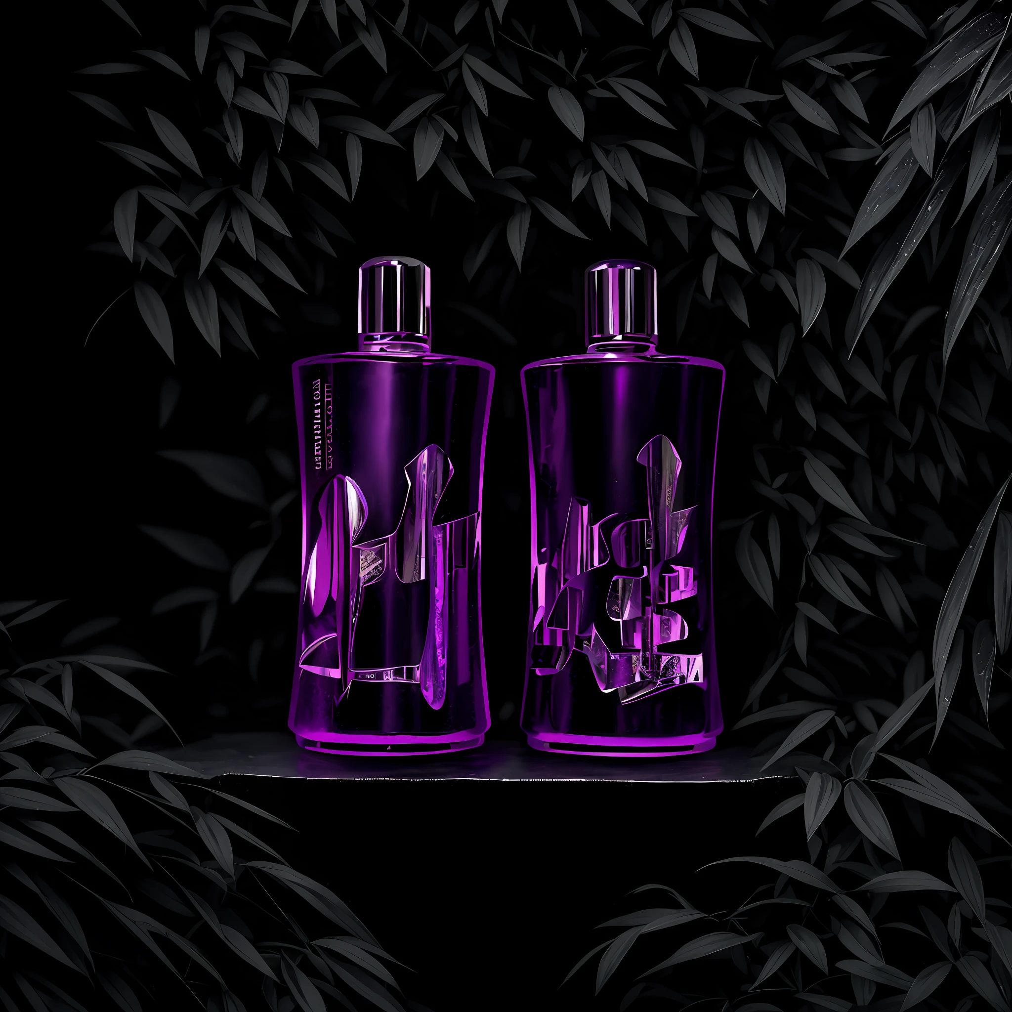 Two bottles of purple and blond hair products on black background, made of liquid purple metal, perfume, femme fatale, purple liquid, mekka, perfume bottle, miniature product photos, high quality product photos, commercial product photography, Lajos Vajda, Ottó Baditz, Anna Füssli, Serge Lutens, detailed product photos, bamboo forest, heavy rainfall, monochrome, vines everywhere, huge and damp bamboo, masterpiece, best quality, very detailed CG Unified 8K wallpapers, oil painting, award-winning photography, bokeh, depth of field, HDR, flowers, chromatic aberration, realism, very detailed, artstation trend, intricacies, high detail, drama, midway art, stereo lighting