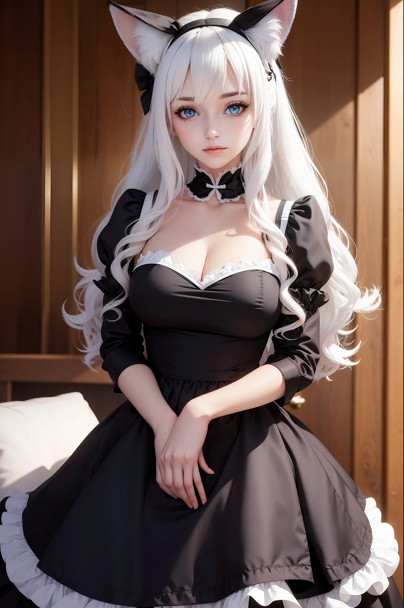 Woman with ,golden curly hair,Blue eyes,white fox ears,,black dressed as a maid