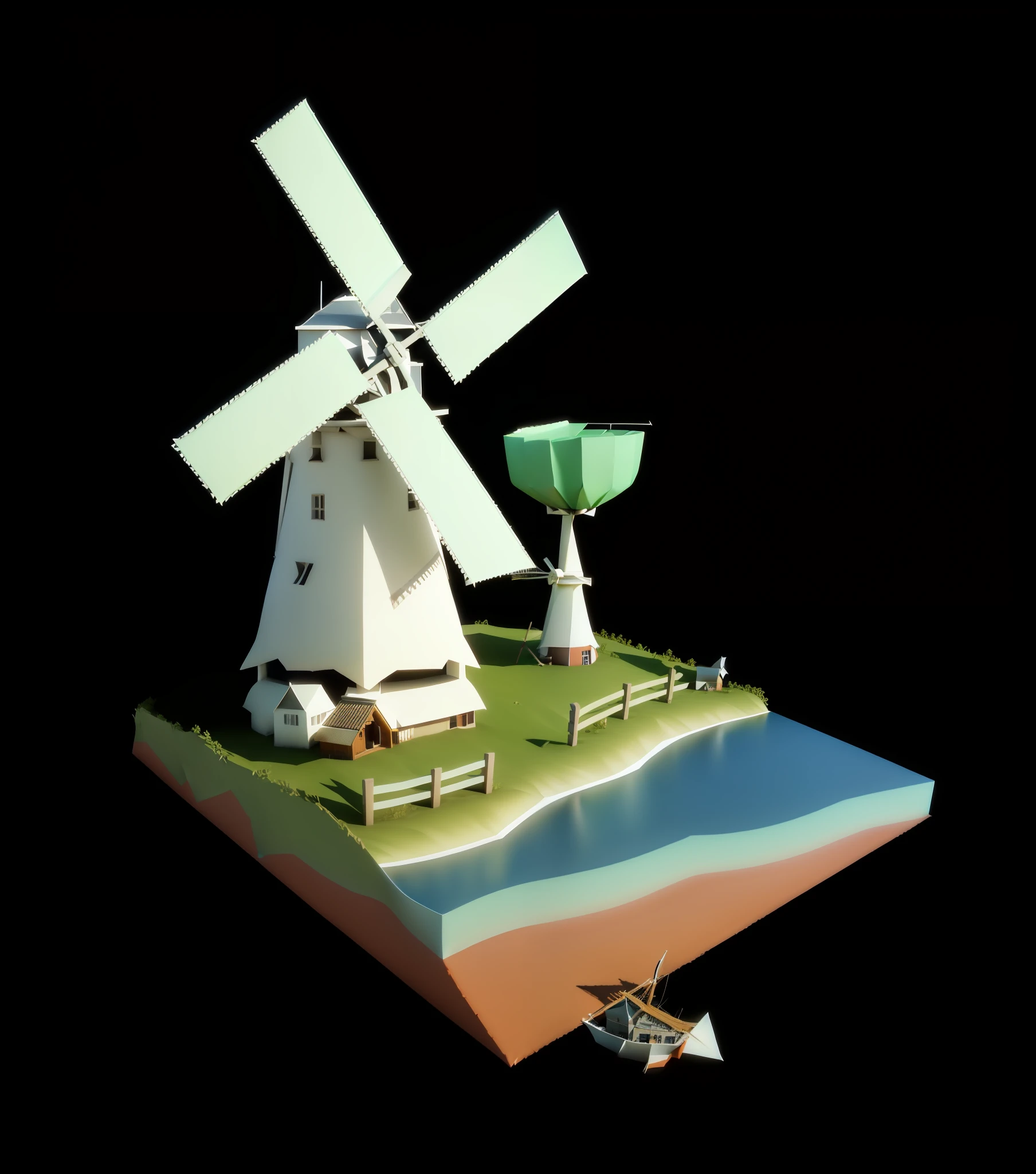 a close up of a windmill on a small island with a cup, low - poly 3 d model, stylized 3d render, low poly 3d model, low poly model, stylized as a 3d render, stylized 3 d, 3 d render stylized, windmill, a low poly render, 3 d low poly render, 3d low poly render