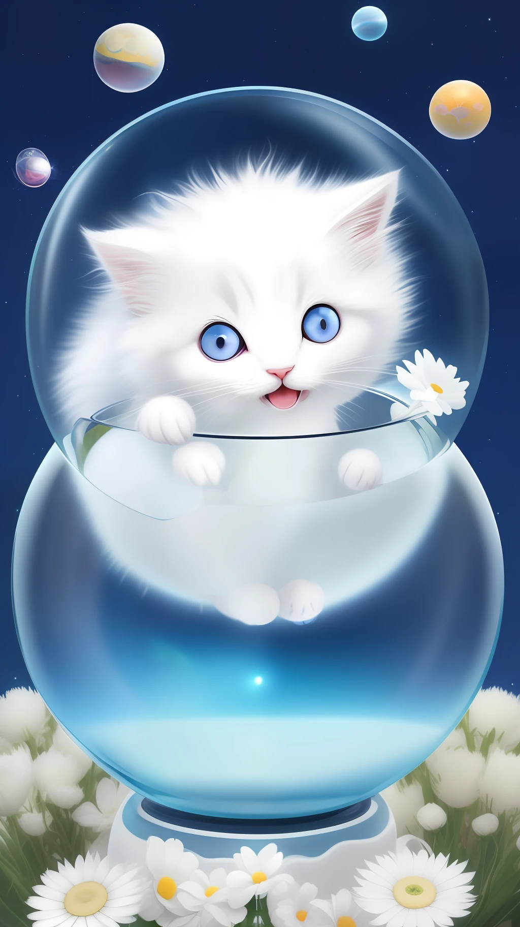 A cute fluffy white-haired kitten in a sweater, big ears, big eyes, next to flowers inside a large glass ball, flowers, light blue background, Morandi colors, open mouth, laughing !!!, funny, (floating in space: 1.1) jubbslineart_v2