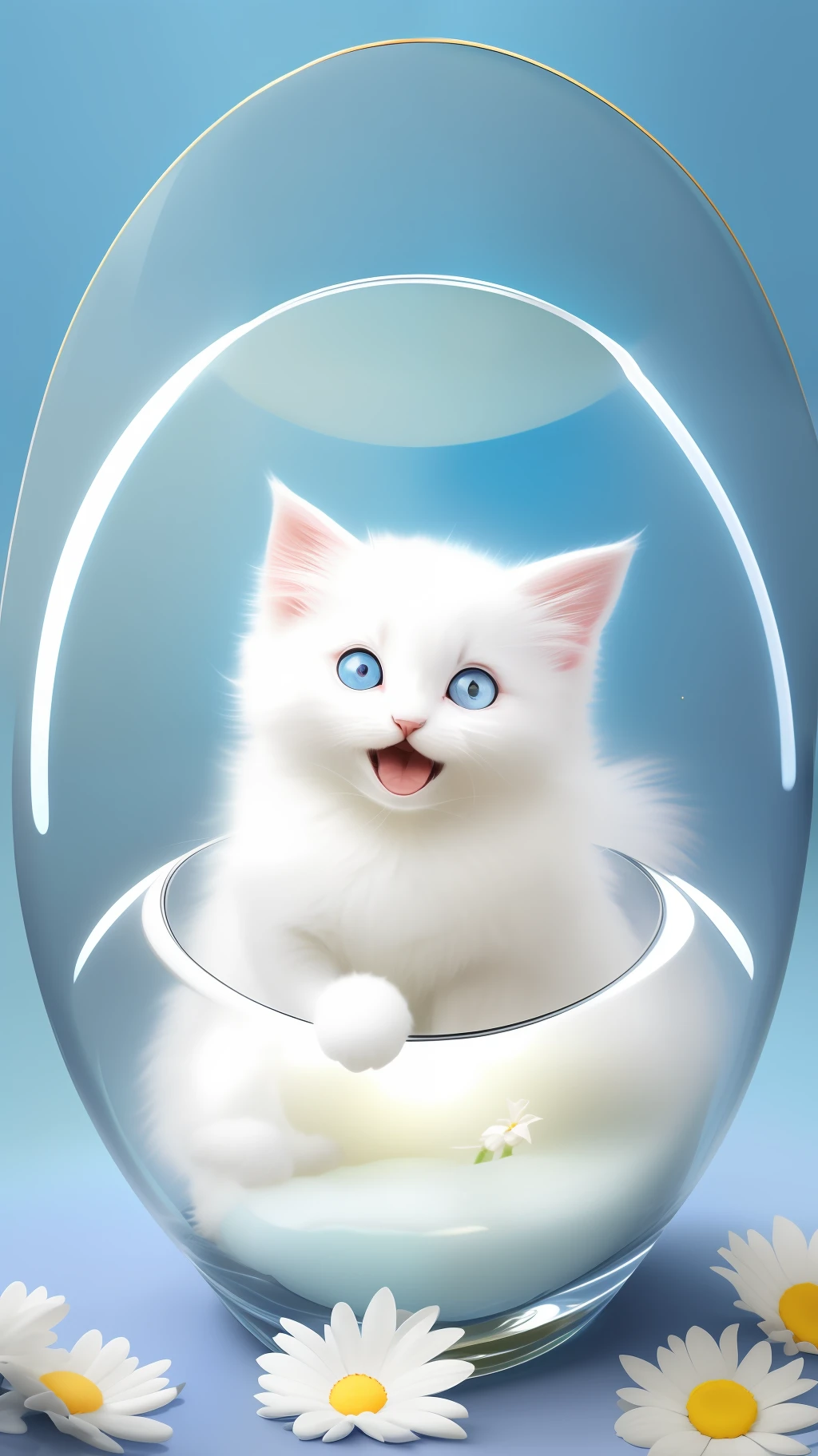 A cute fluffy white-haired kitten in a sweater, big ears, big eyes, next to flowers inside a large glass ball, flowers, light blue background, Morandi colors, open mouth, laughing !!!, funny, (floating in space: 1.1) jubbslineart_v2