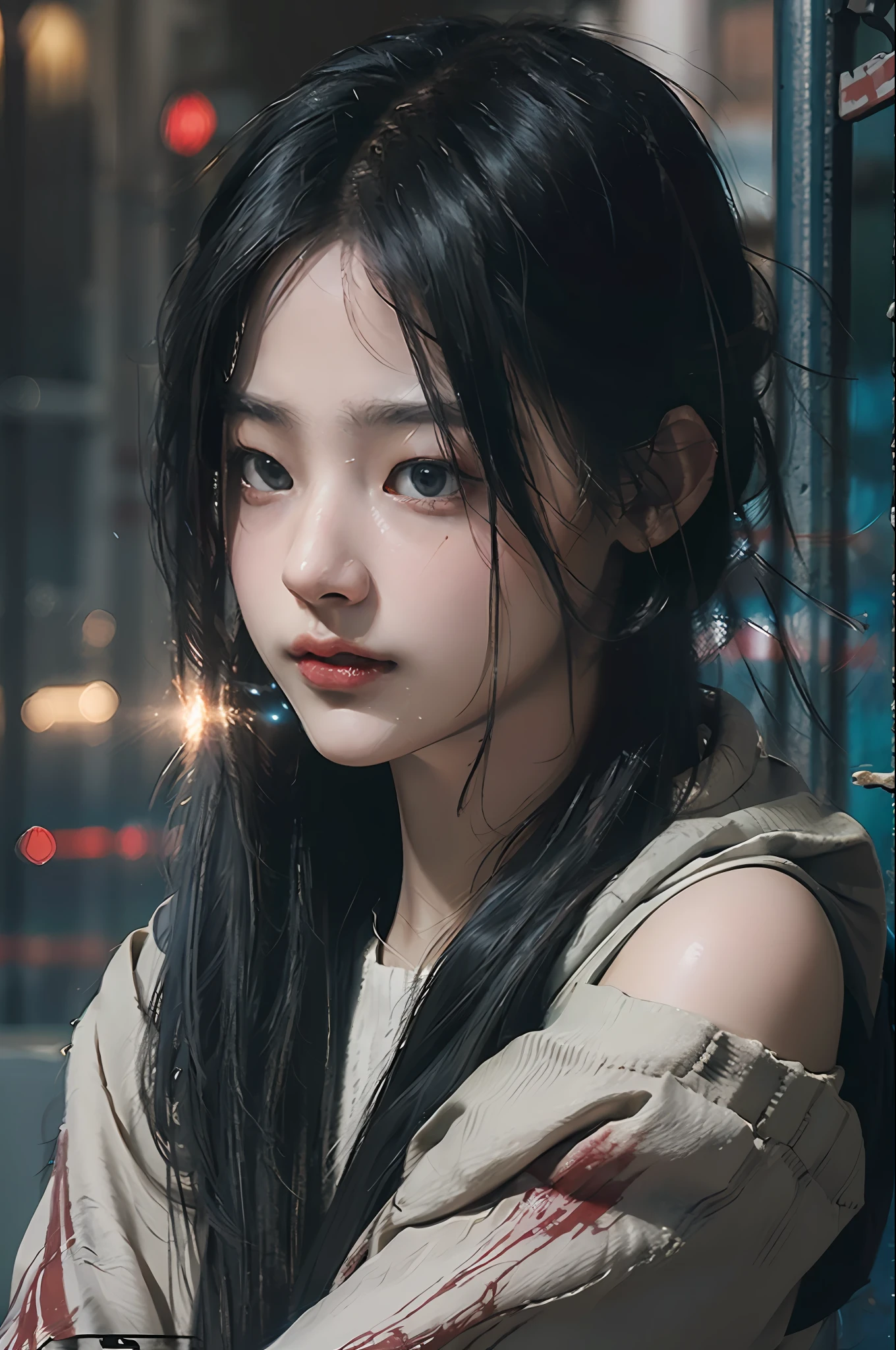 Best quality, masterpiece, ultra high res, (photorealistic:1.4), raw photo, 1girl, off shoulder, cinematic lighting, apocalypse, ruins, war, (dirty face), lowkey, (film grain:1.0), (floating dust particle:1.2), dust, blood stains