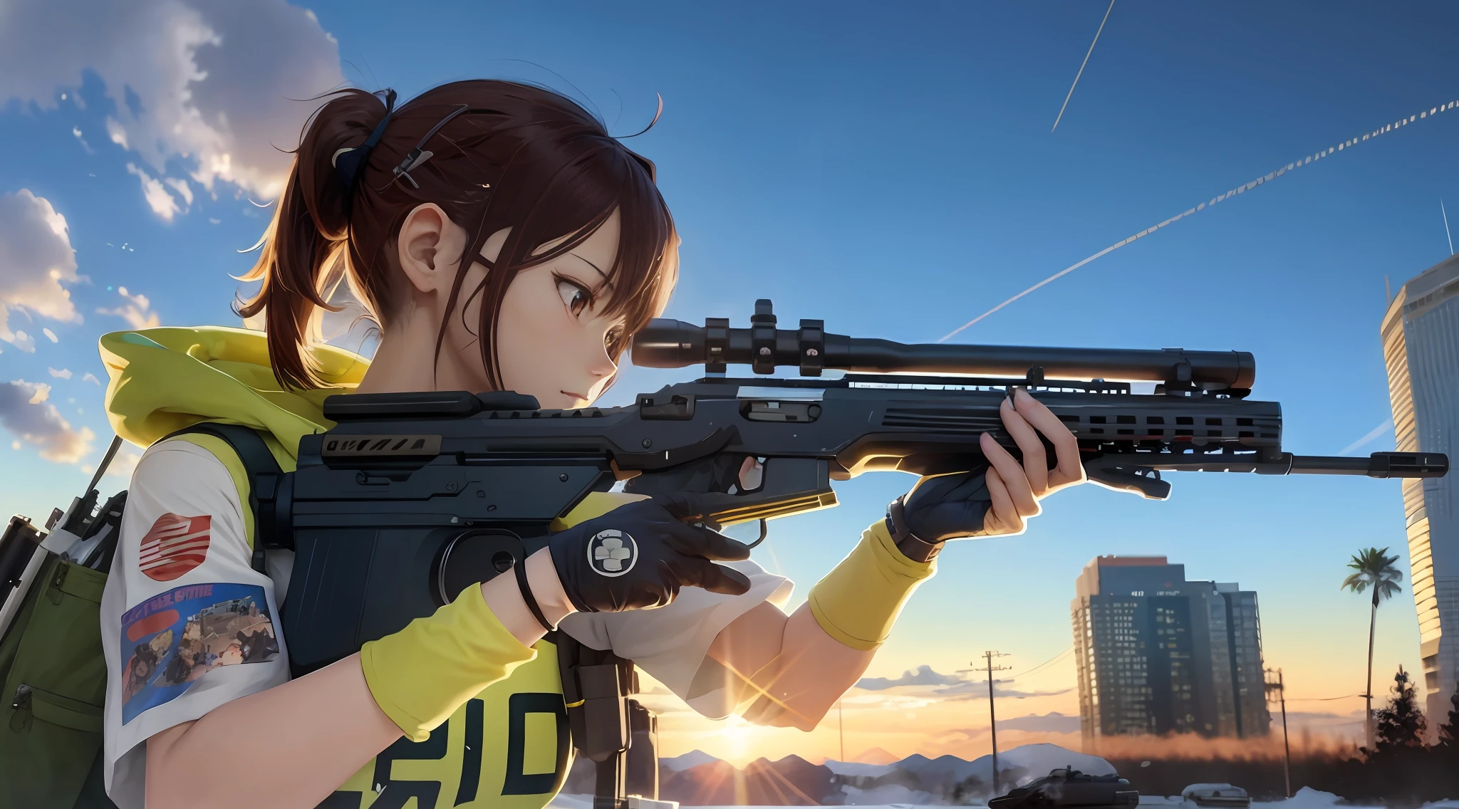 Anime girl holding gun rifle in hand, looking at the scope, perfect side face shot, aiming at the bad guys with a rifle, anime 8 K, 4K anime wallpaper, Guvez style artwork, anime wallpaper 4 K, anime wallpaper 4K, anime style 4K, movie - AR 16:9, Makoto Shinkai (apex legend), 4K manga wallpaper