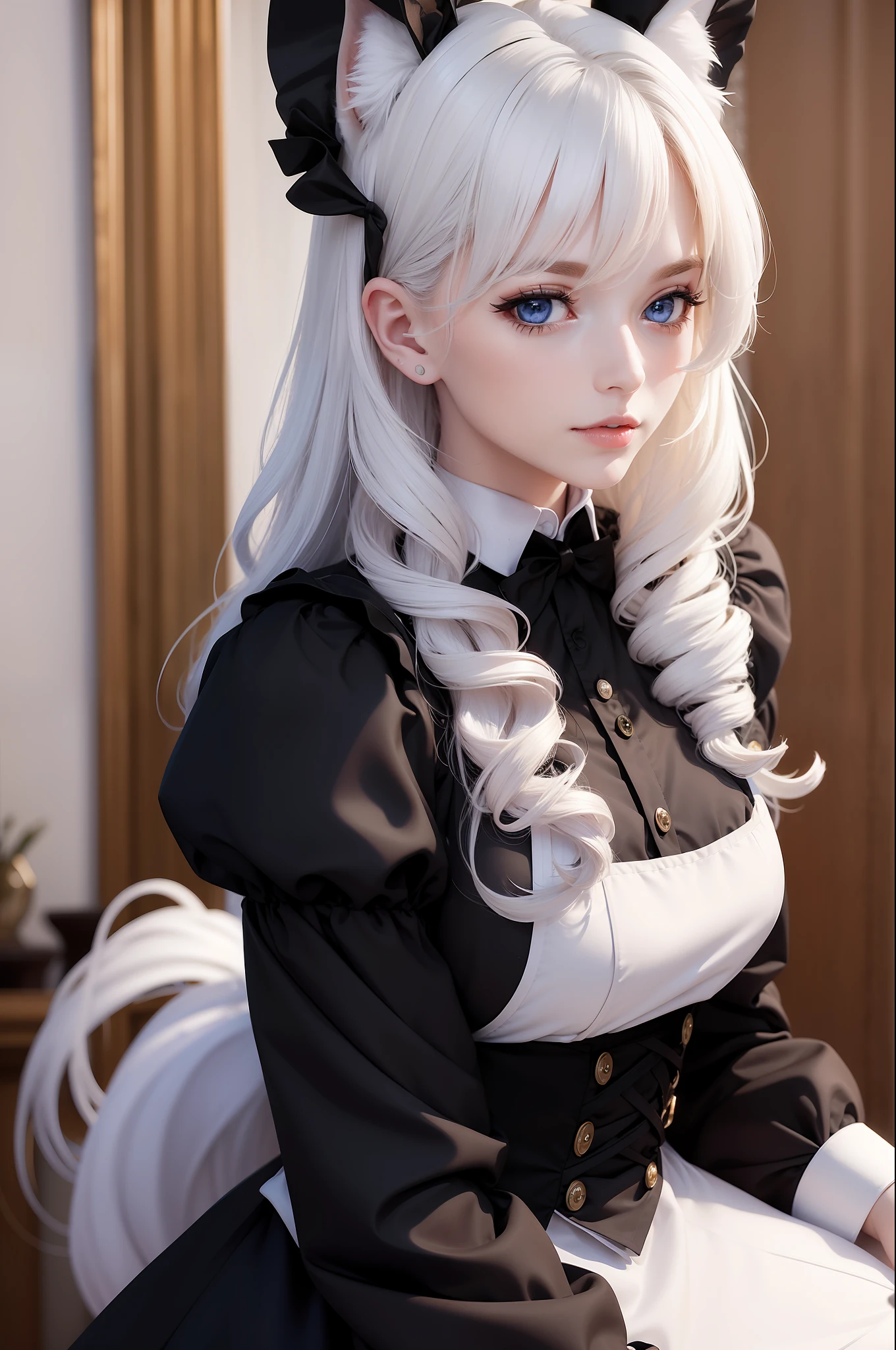 Woman with ,golden curly hair,Blue eyes,white fox ears,,black dressed as a maid
