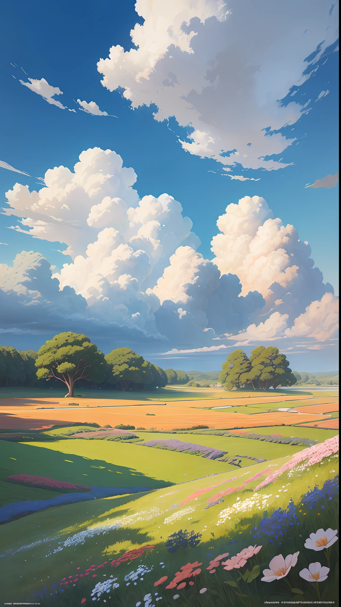 Realistic, authentic, beautiful and amazing landscape oil painting Studio Ghibli Hayao Miyazaki&#39;s petal grassland with blue sky and white clouds --v6