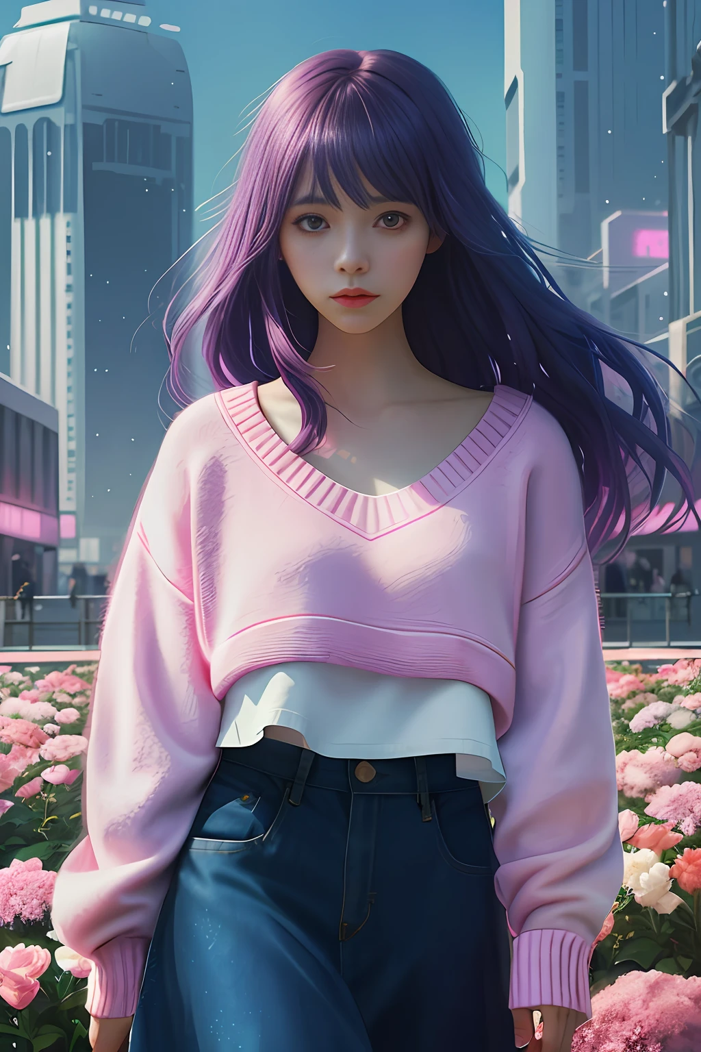 an anime girl wearing a pink sweater in front of some flowers, in the style of futuristic cityscapes, dark blue and light amber, anna dittmann, becky cloonan, loose, painterly style, sergey musin, flat form --s 250 --v 5[/cp]