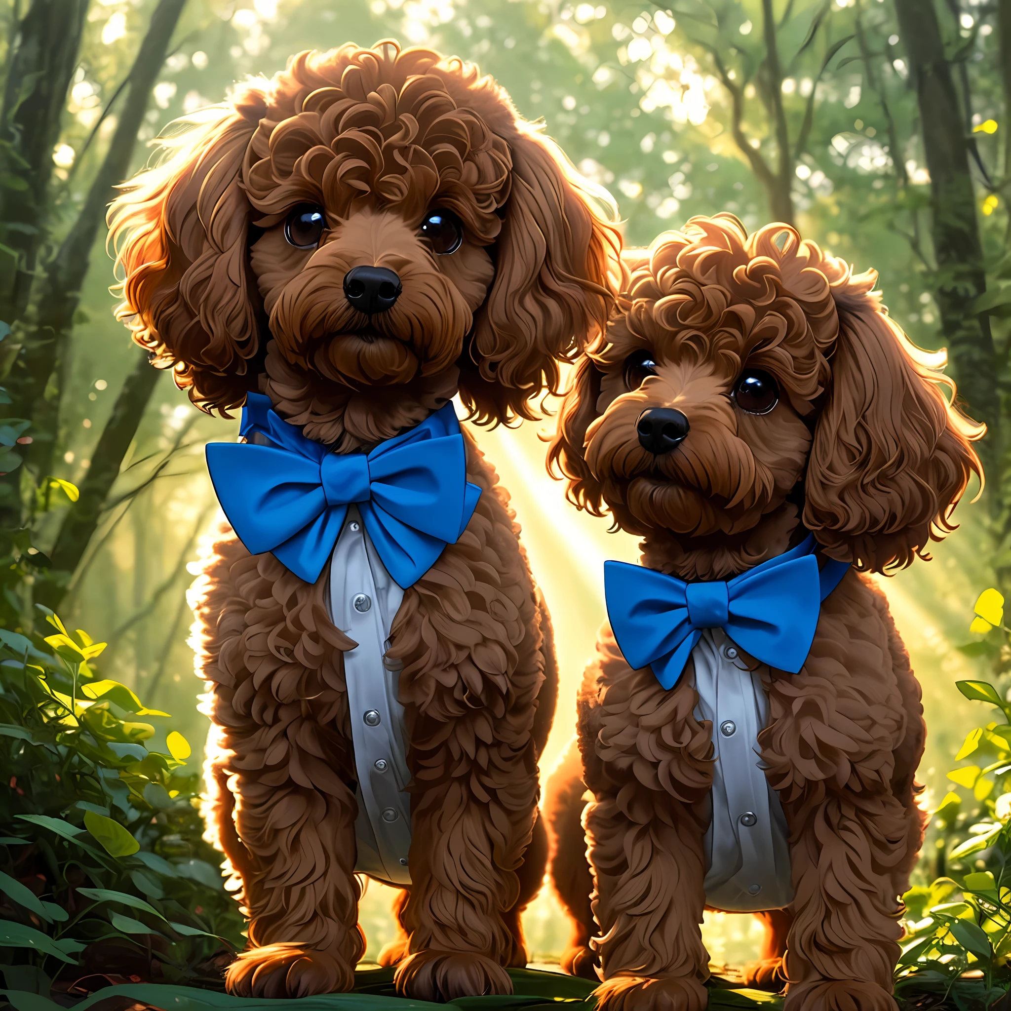 (Best Quality: 1.2), (Masterpiece: 1.2), (Realistic: 1.2), Close-up Photograph, In the Forest, Soft Volumetric Light, Lele is a Small Brown Poodle with Blue Bow Tie, (Backlight: 1.3), (Backlight: 1.3), (Movie: 1.2), Intricate Details, Masterpiece