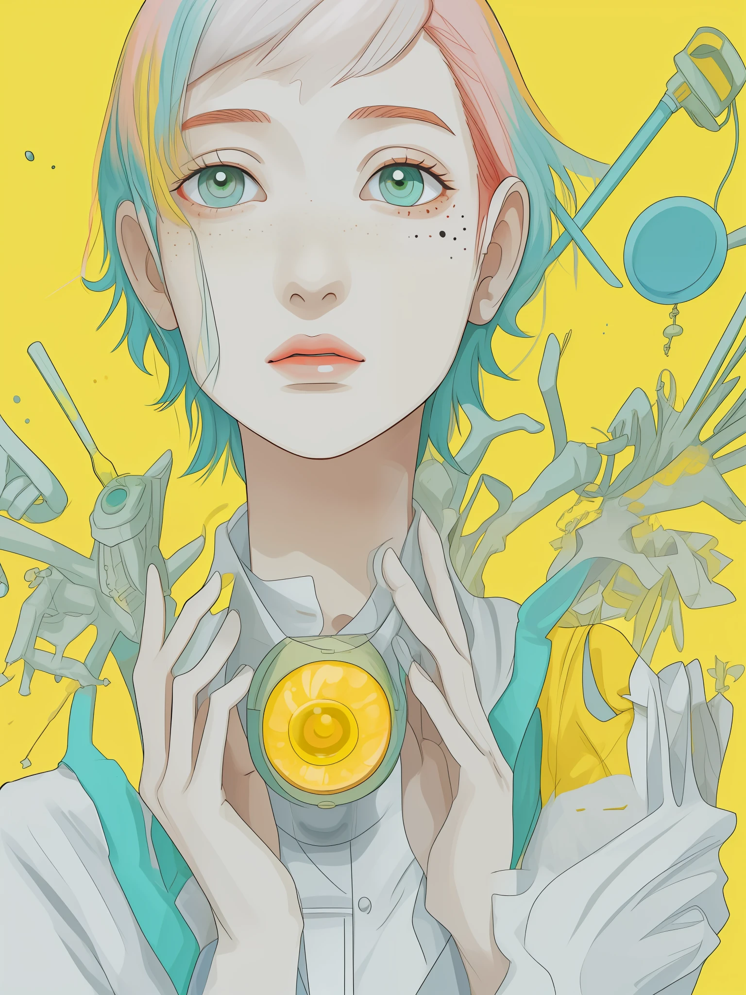 1 girl, slim, wearing actuarial clothing, (bright color scheme hair, short hair:1.36), light lips, various postures, contempt,
(freckles: 0.5), (moles: 0.3), (skin spots, acne, skin blemishes, age spots, buttercup: 0.3), from behind, in (operating room: 1.4),
No splash,
summer
midday
Natural Hand 2-3500 Best quality, beautiful and delicate lips, slender fingers, detailed pupils, illustration, Natural Hand 2-3500, laboratory, instrument, face depiction, super detailed picture quality