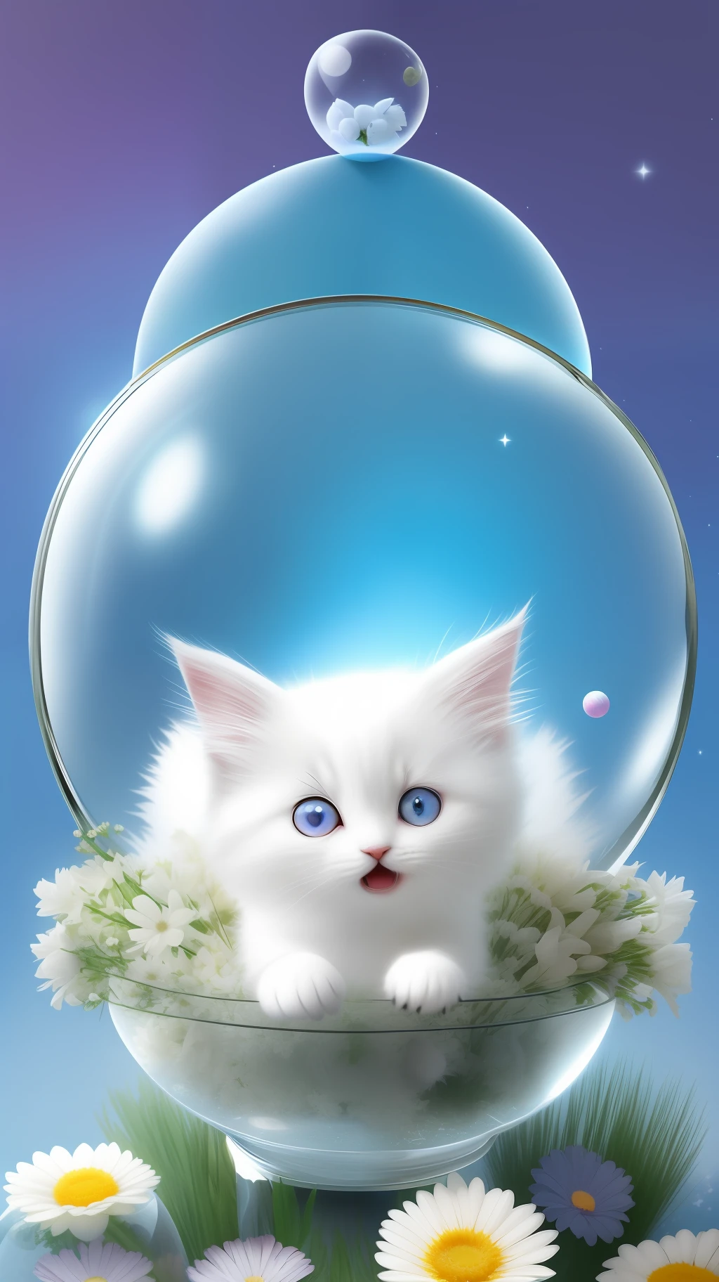 A cute fluffy white-haired kitten in a sweater, big ears, big eyes, next to flowers inside a large glass ball, flowers, light blue background, Morandi colors, open mouth, laughing !!!, funny, (floating in space: 1.1) jubbslineart_v2
