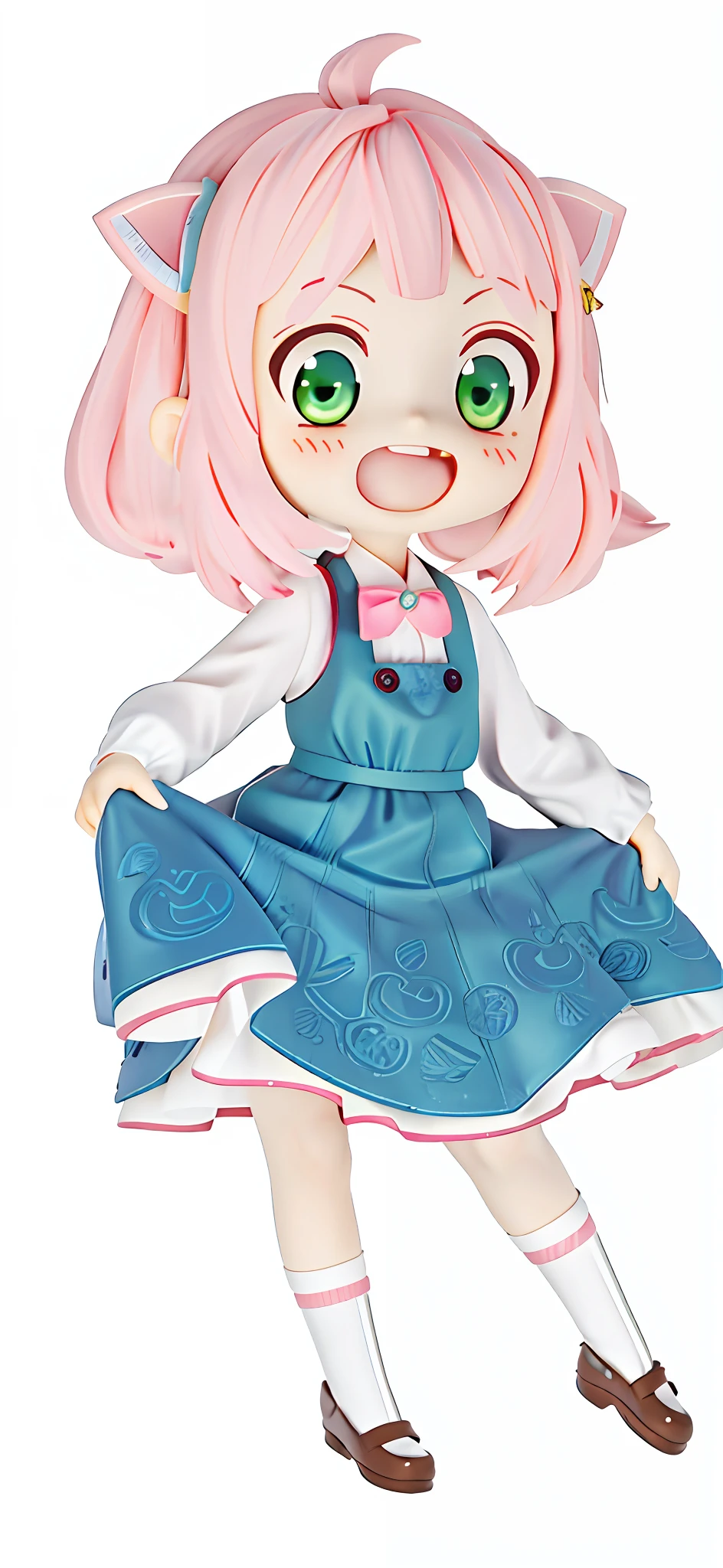 (Real material), ray tracing, hair with light, plastic material, ray tracing, glowing eyes, 8k, anime character of a girl with pink hair and green eyes, loli in a dress, little curved loli, anime vision of a cute girl, she has a cute expressive face, little loli girl, anime moe art style, she has a cute face, cute anime catwoman, short full body portrait! , cute characters, cute anime style, cute kawaii girls
