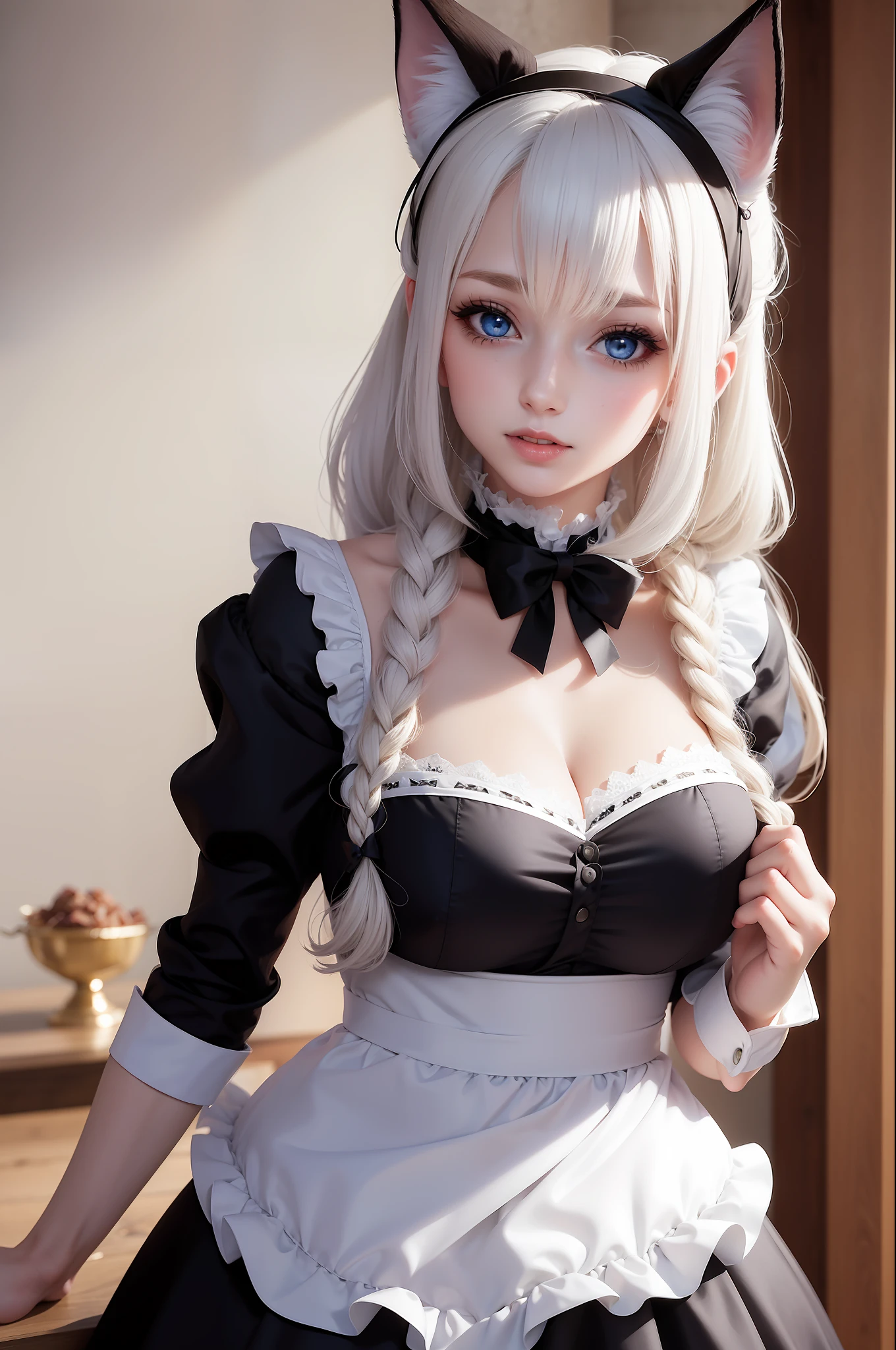 Woman with ,golden curly hair,Blue eyes,white fox ears,,black dressed as a maid