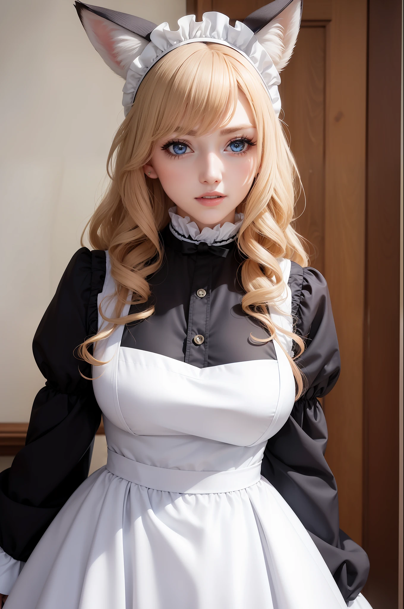 Woman with ,golden curly hair,Blue eyes,white fox ears,,black dressed as a maid