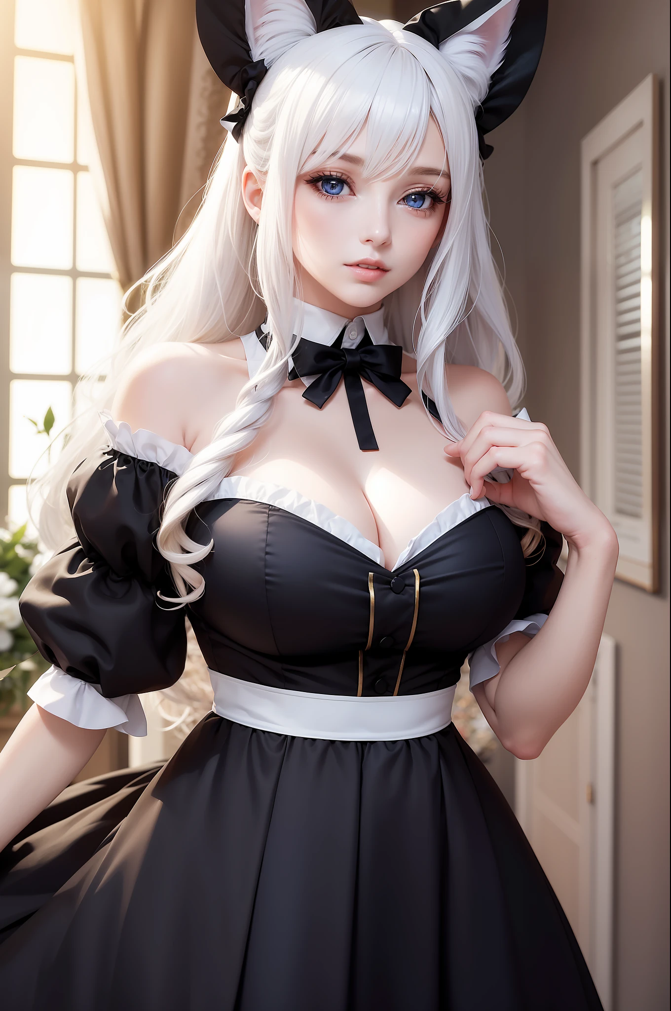 Woman with ,golden curly hair,Blue eyes,white fox ears,,black dressed as a maid