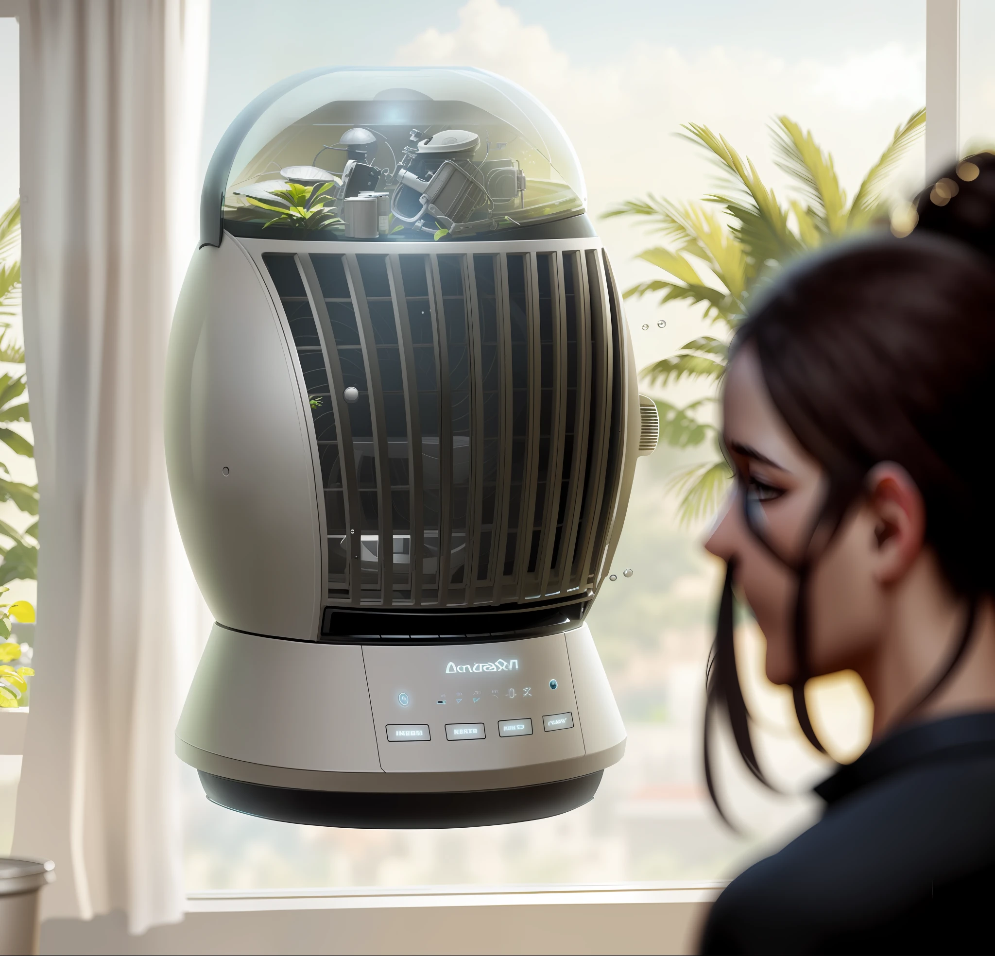 A scene drawing of an air cooler product, the movie Alessandro Casa Grande, Greg Rutkowski, Sally Mann, concept art, 2 atmospheres, masterpiece, best quality, highly detailed photos: 1 piece, 8k, realistic, window background with greenery,