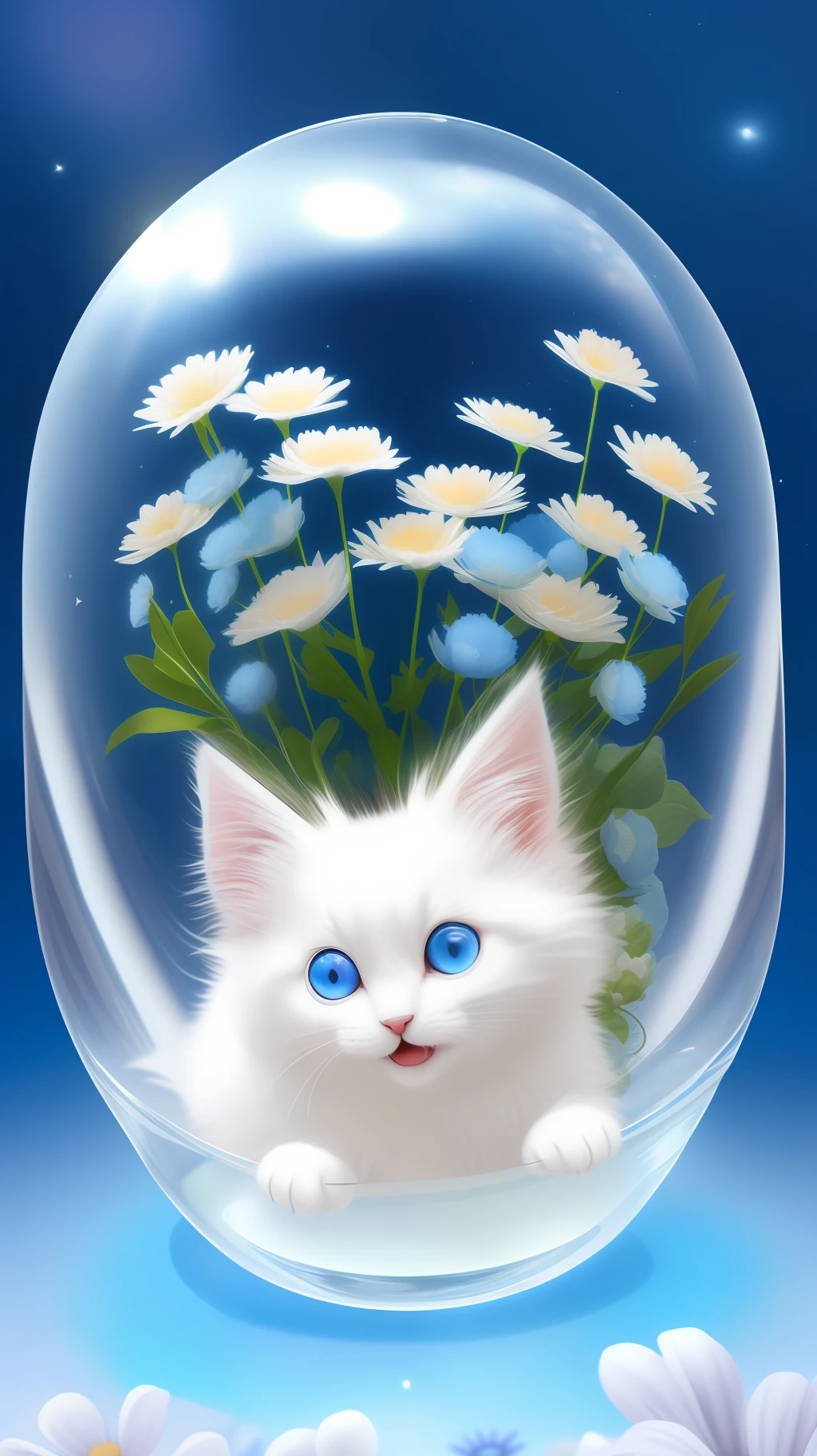 A cute fluffy white-haired kitten in a sweater, big ears, big eyes, next to flowers inside a large glass ball, flowers, light blue background, Morandi colors, open mouth, laughing !!!, funny, (floating in space: 1.1) jubbslineart_v2