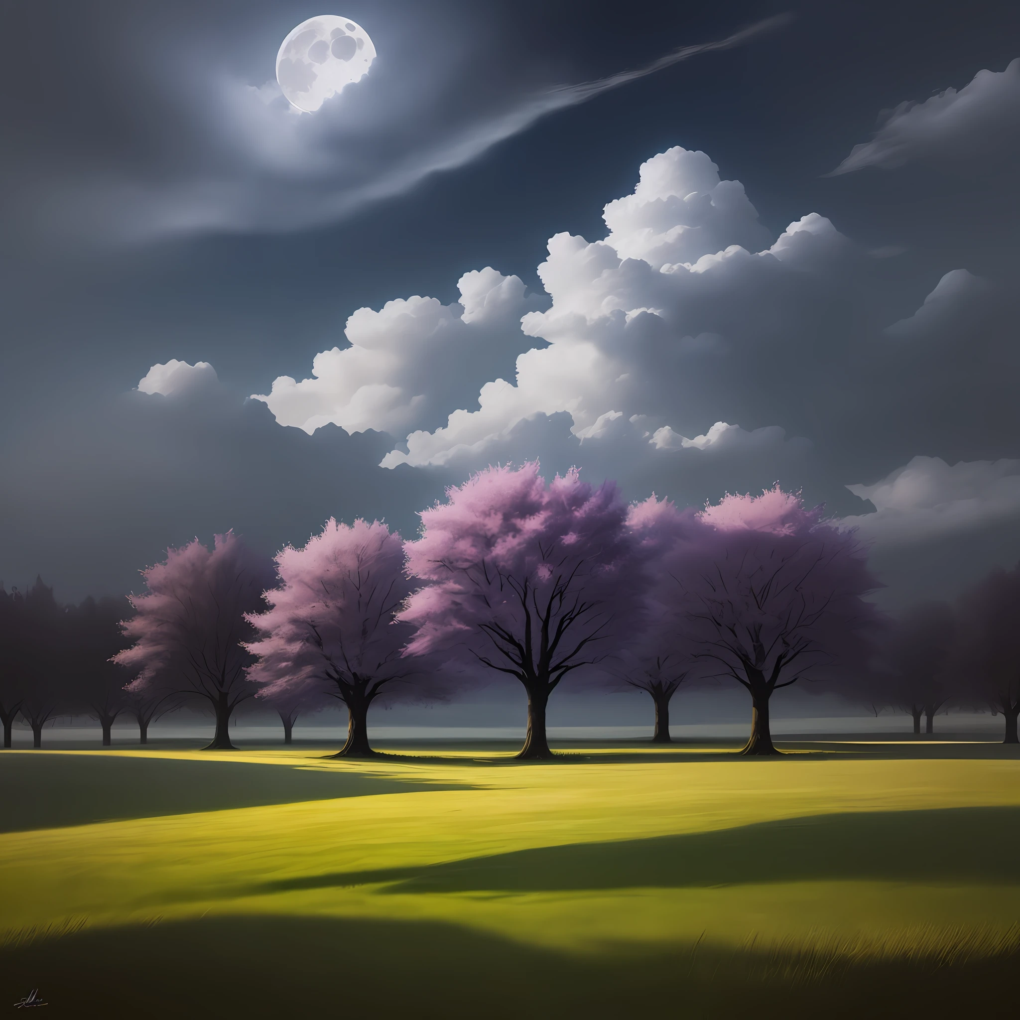 Under the tall plum tree standing tall in the meadow, under the moonlight shining through the clouds, draw a landscape with deep beauty. (With subtle detail, so that the image can be described emotionally).