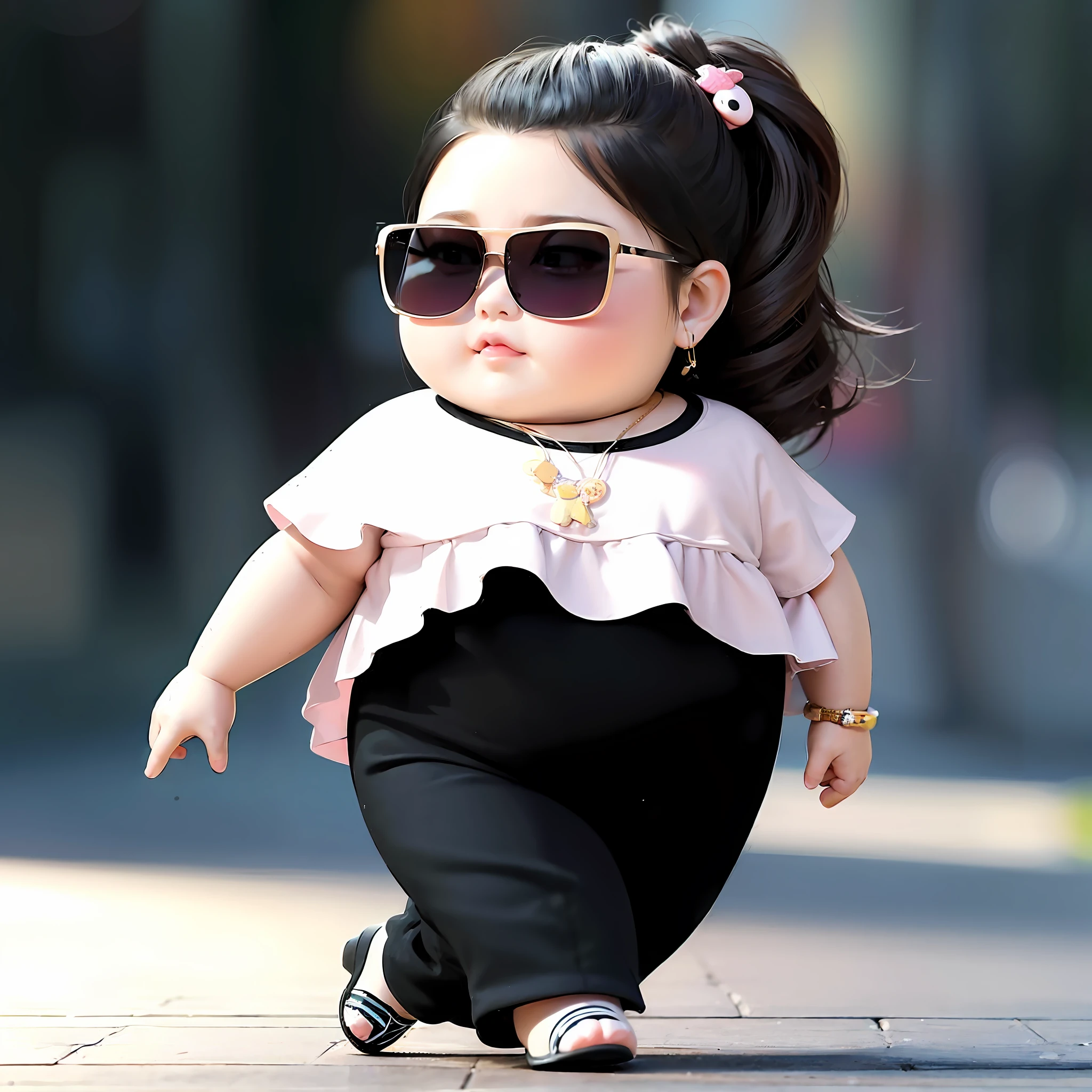 a close up of a baby wearing sunglasses walking on a sidewalk, adorable digital painting, cute digital art, cute cartoon character, cute detailed digital art, cute 3 d render, cute pocelain doll, cute cartoon, highly stylized, cartoonish cute, dressed with long fluent clothes, character is in her natural pose, beautiful cute, realistic cute girl painting, very stylish
