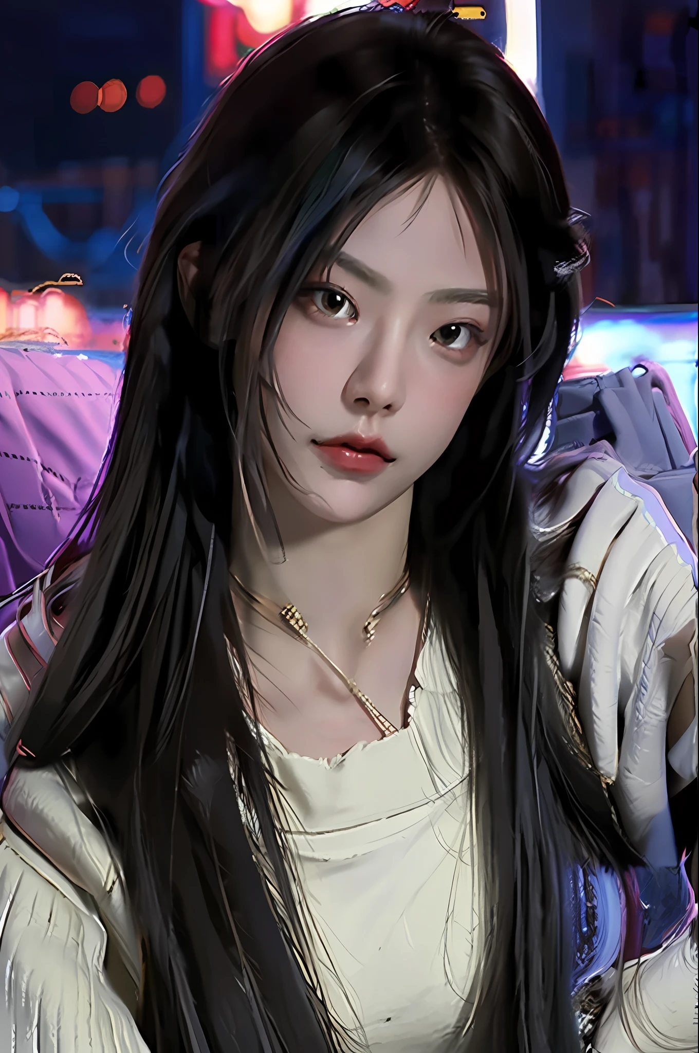 There is a woman in a brown sweater, Guvez style artwork, realistic digital art 4K, realistic digital art 4K, detailed matte fantasy portrait, 4K highly detailed digital art, 8K realistic digital art, CG social portrait, fantasy concept art portrait, fantasy art portrait, epic fantasy art portrait, movie realistic portrait, roadshoulder, alley with night background, delicate face, long hair, black hair