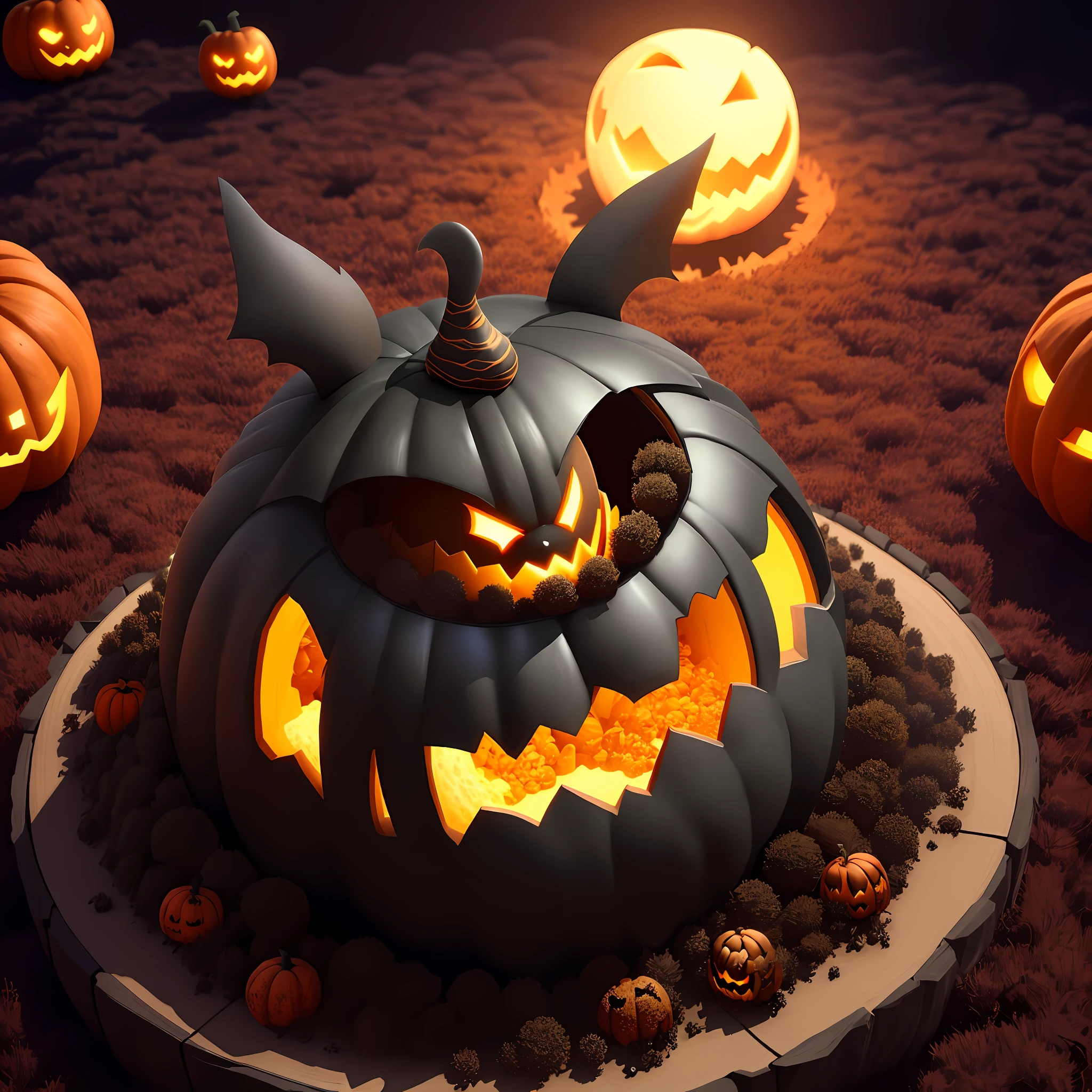 Anthill made from black pumpkin night animation, pumpkin head with big ribbon, fantasy, luxury anthill, inside eerily glowing pumpkin, dragon looking down from the sky