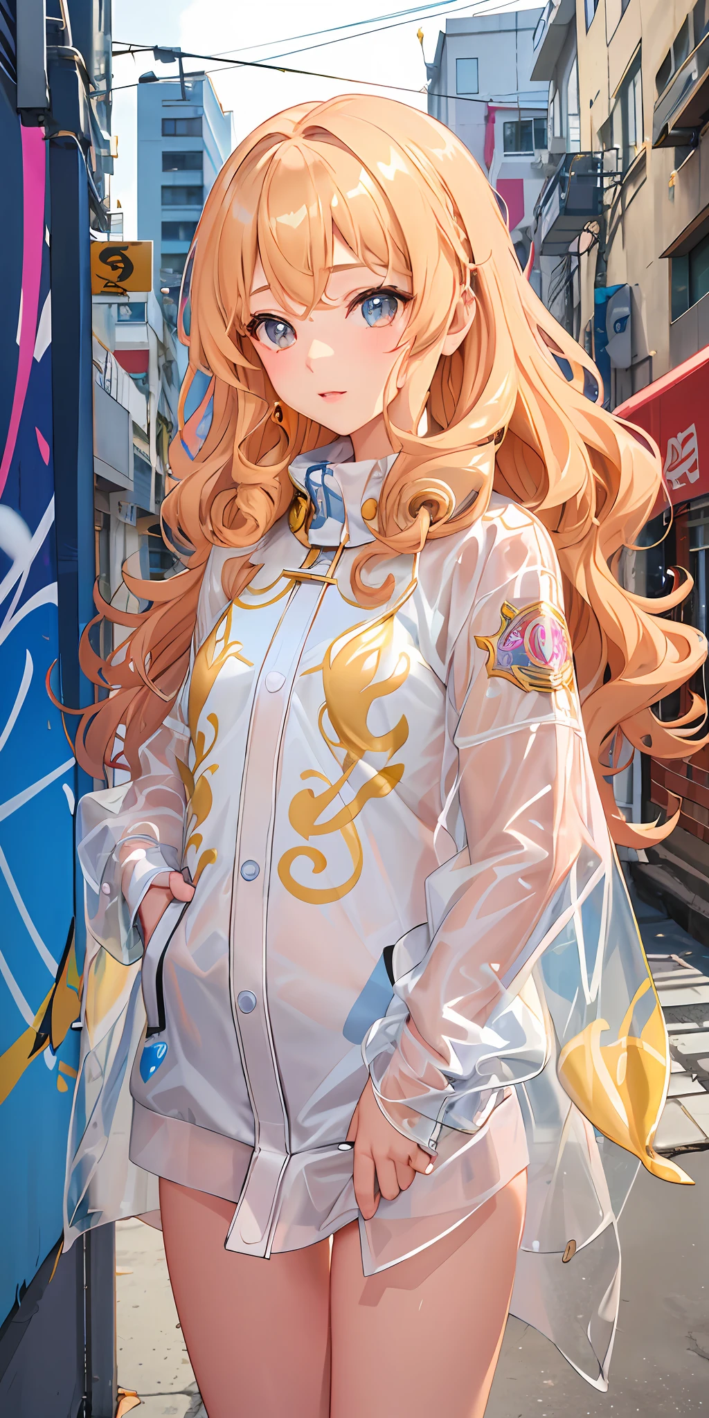 An extremely beautiful and delicate loli, fair skin, delicate and complete facial features, sexy and cute lips, light golden wavy curly hair, charming temperament, colorful translucent raincoat, jacket, graffiti background, street style, extreme details, realistic details, perfect body, super realistic,