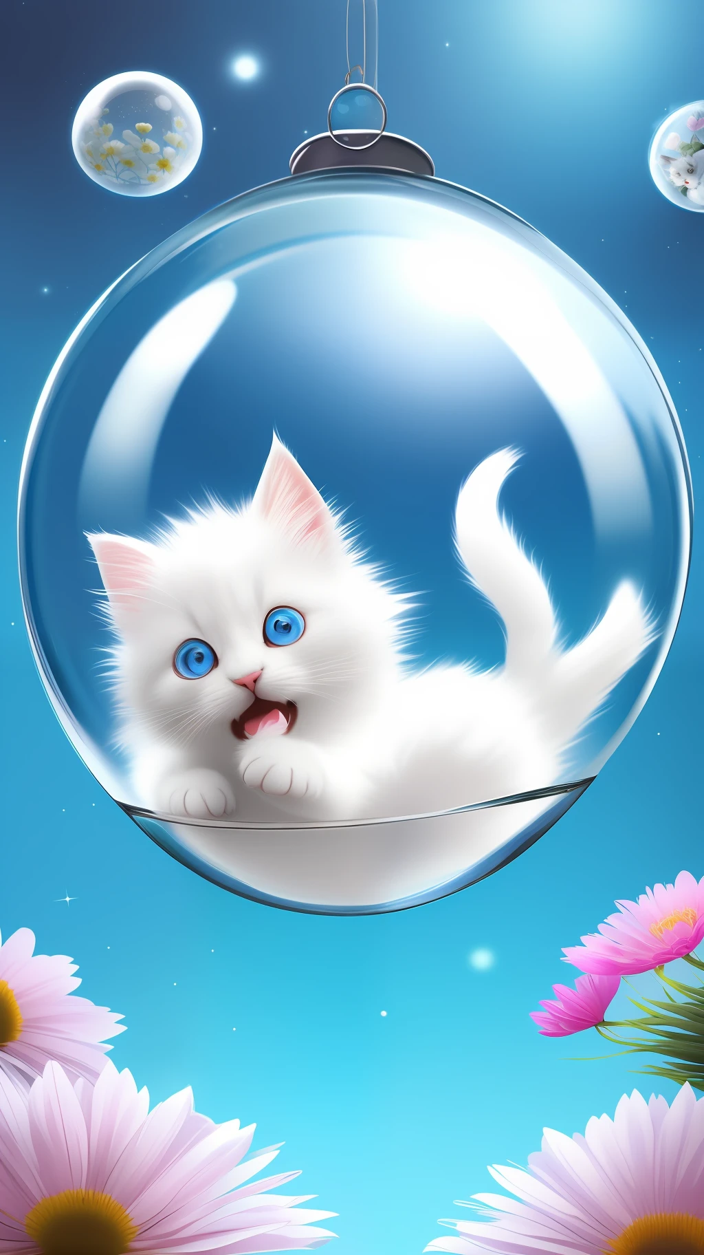 A cute fluffy white-haired kitten in a sweater, big ears, big eyes, next to flowers inside a large glass ball, flowers, light blue background, Morandi colors, open mouth, laughing !!!, funny, (floating in space: 1.1) jubbslineart_v2