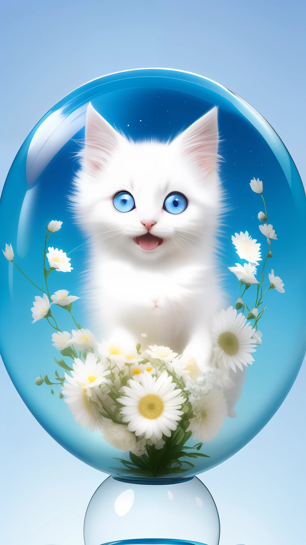 A cute fluffy white-haired kitten in a sweater, big ears, big eyes, next to flowers inside a large glass ball, flowers, light blue background, Morandi colors, open mouth, laughing !!!, funny, (floating in space: 1.1) jubbslineart_v2