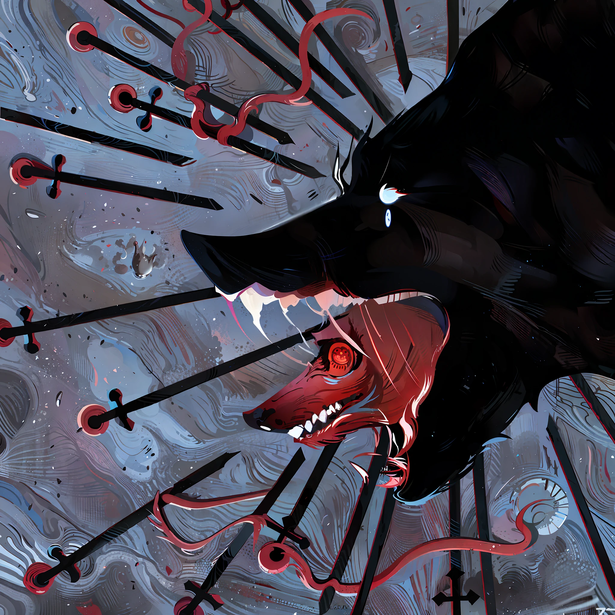 there is a black dog with a red collar and a red bone, werewolf”, fenrir, berserk art style, wolf in hell, by József Borsos, by Stefan Gierowski, by Raúl Martínez, grim - wolf, by Zoran Mušič, by Kristian Zahrtmann