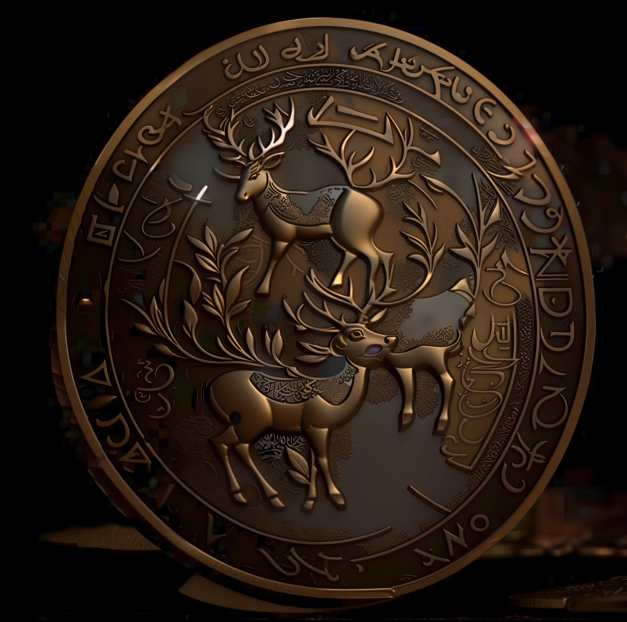 Close up of a coin with a deer, Arabic script, secret society coin, coin, depicted in 3 D, front view, engraving