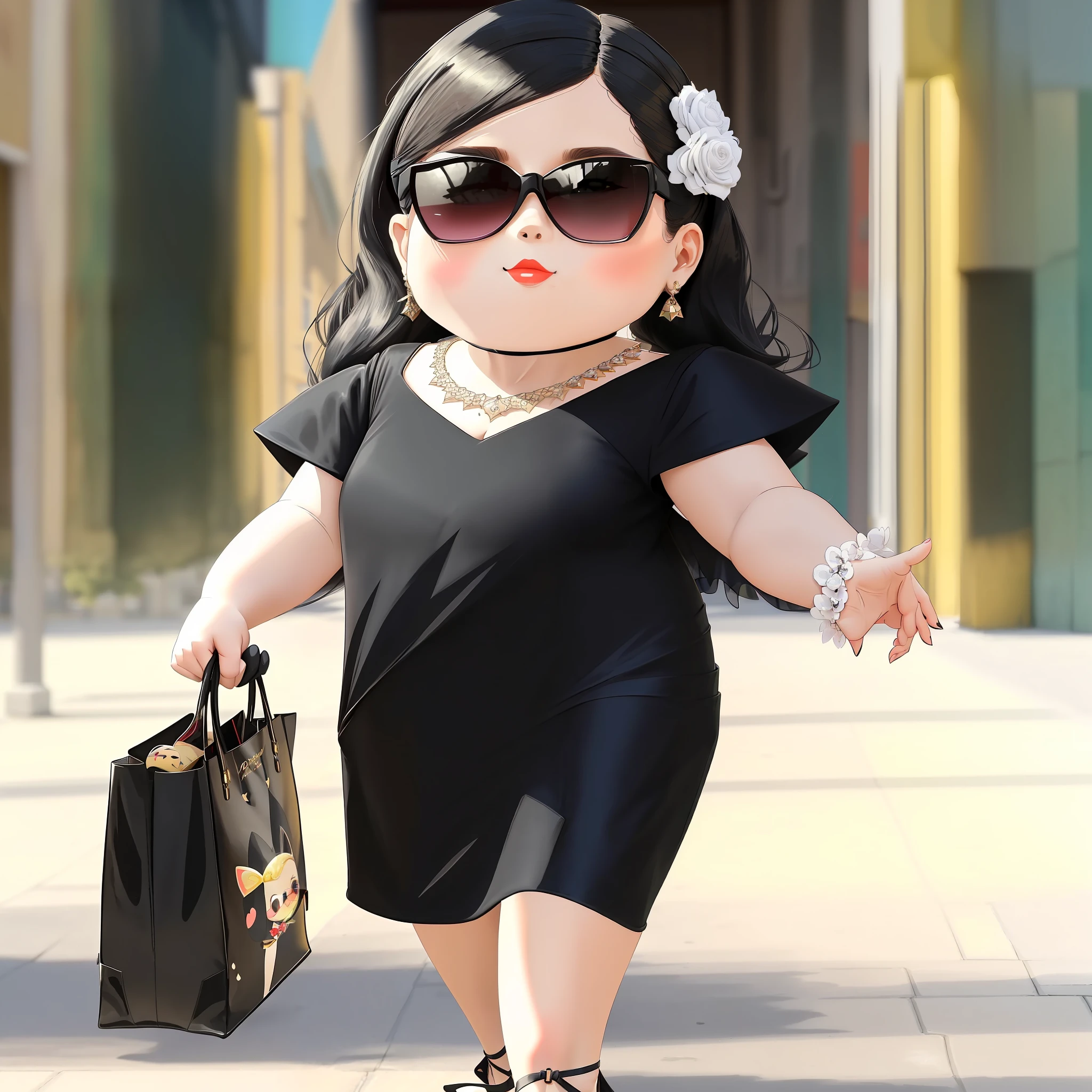 araffe dressed in a black dress and sunglasses walking down a sidewalk, very stylish, she is wearing a black dress, cute pocelain doll, beautiful cute, adorable digital painting, cute beautiful, cute woman, elegant girl, very fashionable, highly fashionable, cute digital art, highly stylized, cute:2, cute cartoon character, wallpaper - 1 0 2 4