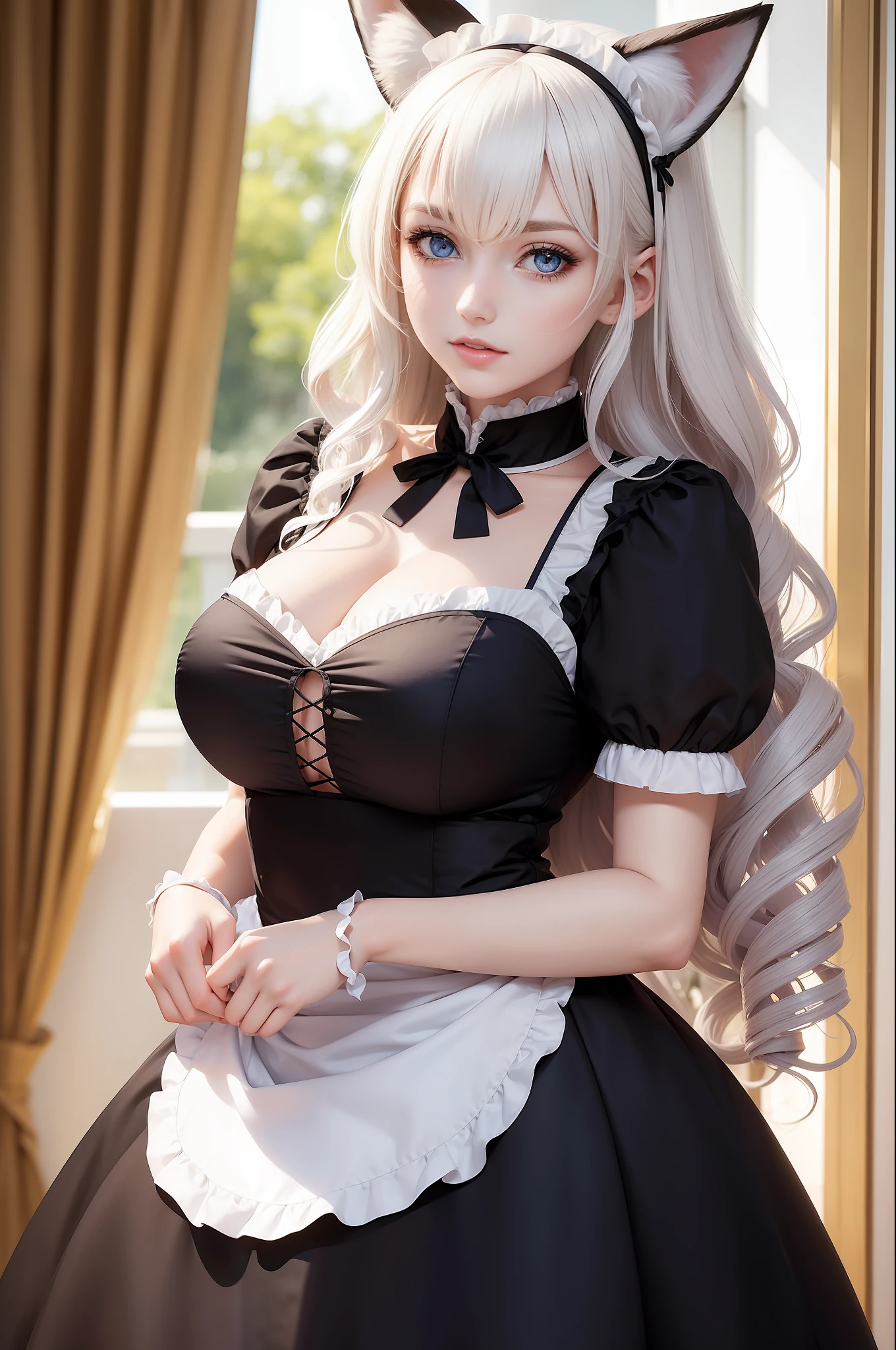 Woman with ,golden curly hair,Blue eyes,white fox ears,,black dressed as a maid