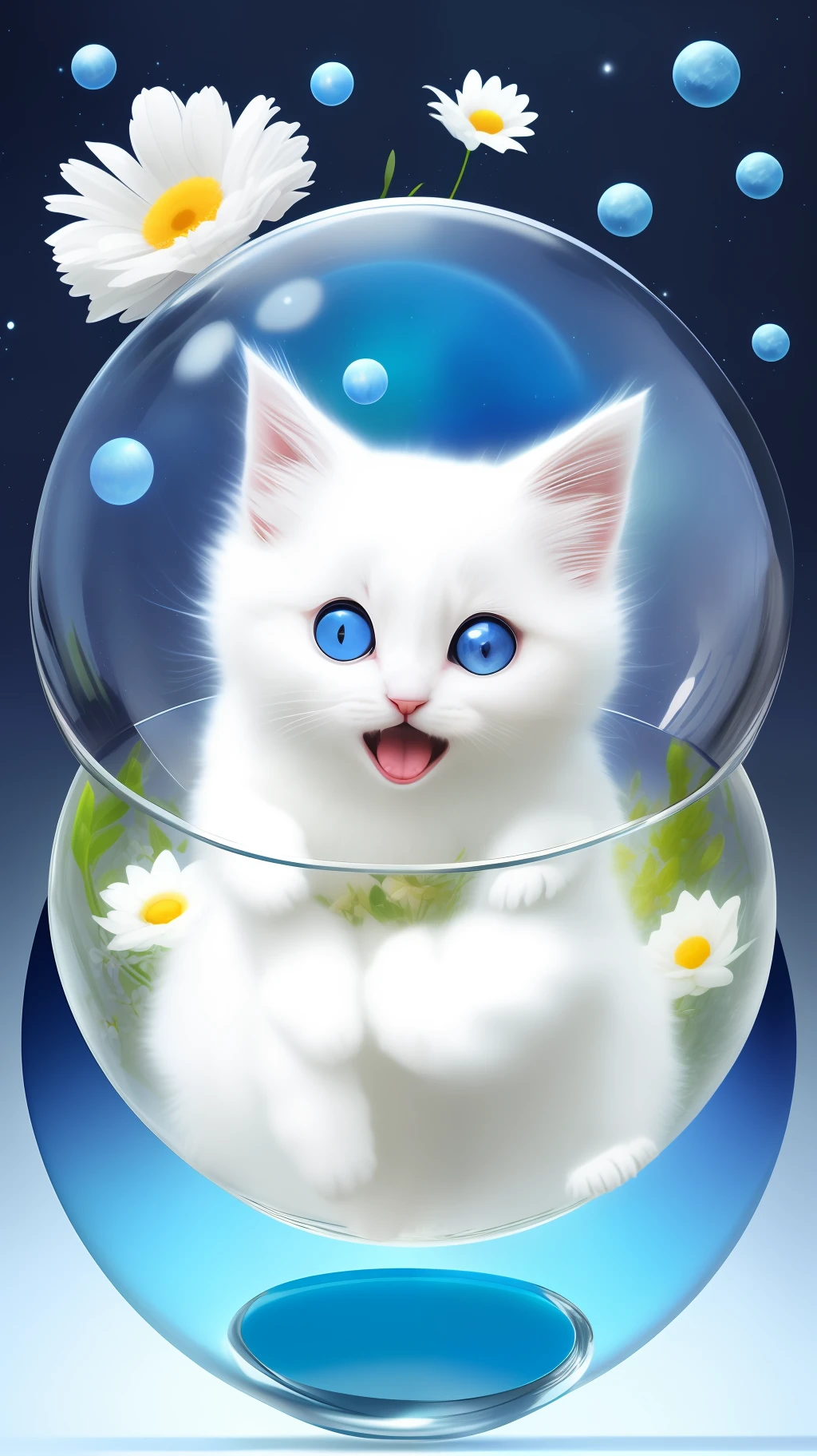 A cute fluffy white-haired kitten in a sweater, big ears, big eyes, next to flowers inside a large glass ball, flowers, light blue background, Morandi colors, open mouth, laughing !!!, funny, (floating in space: 1.1) jubbslineart_v2