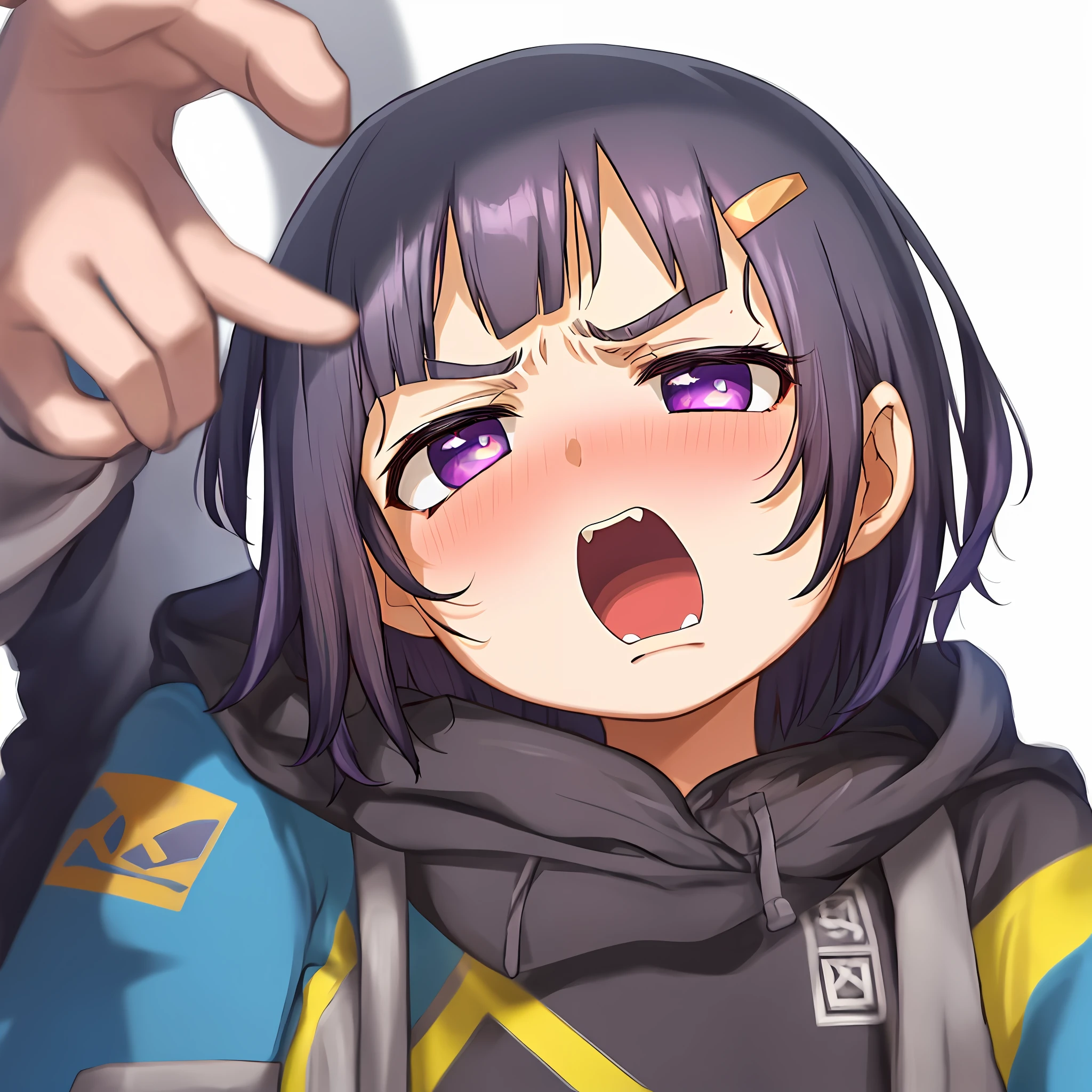 1 girl, frown, hoodie, upper body, medium hair, solo, standing, atte_nanakusa, looking at audience, gradient background, short hair, open mouth, (nose: 1.2), [wavy mouth: 3], nose blush, half closed eyes, black hair, purple eyes, hairpin