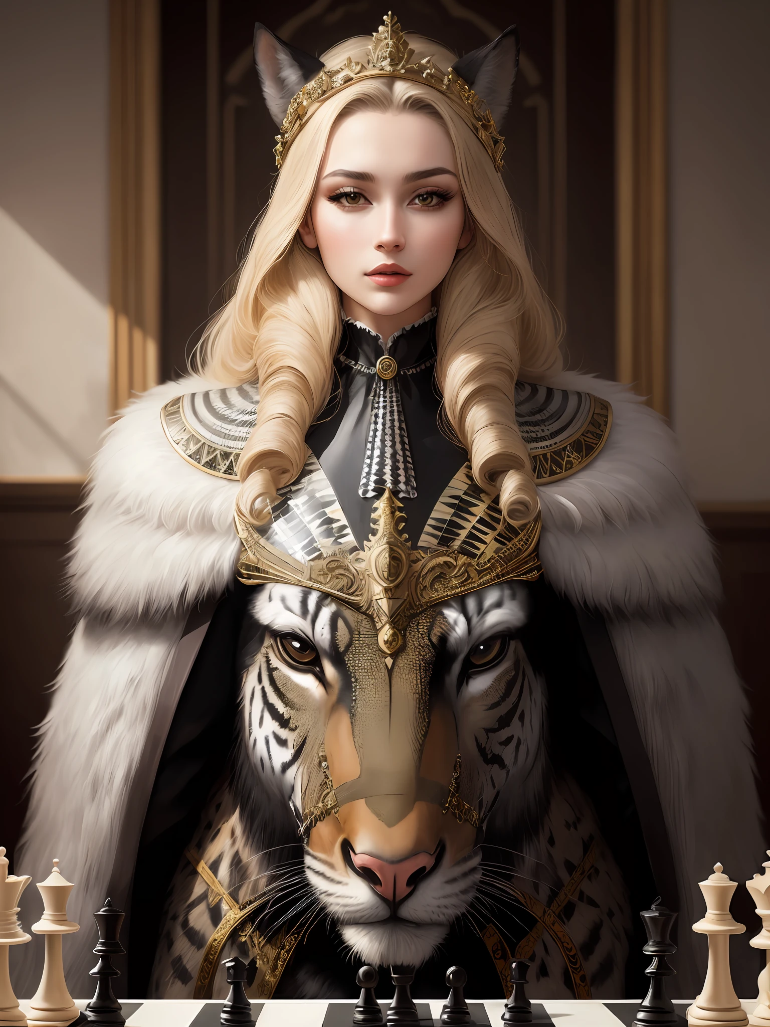 super realistic animals in chess-style clothes (masterpiece, best quality),high fashion,animals,chess-style clothes,chess style,a work of art fascinates with its intricate beauty, demonstrating the artist's scrupulous attention to every smallest element,Extremely detailed,super realistic