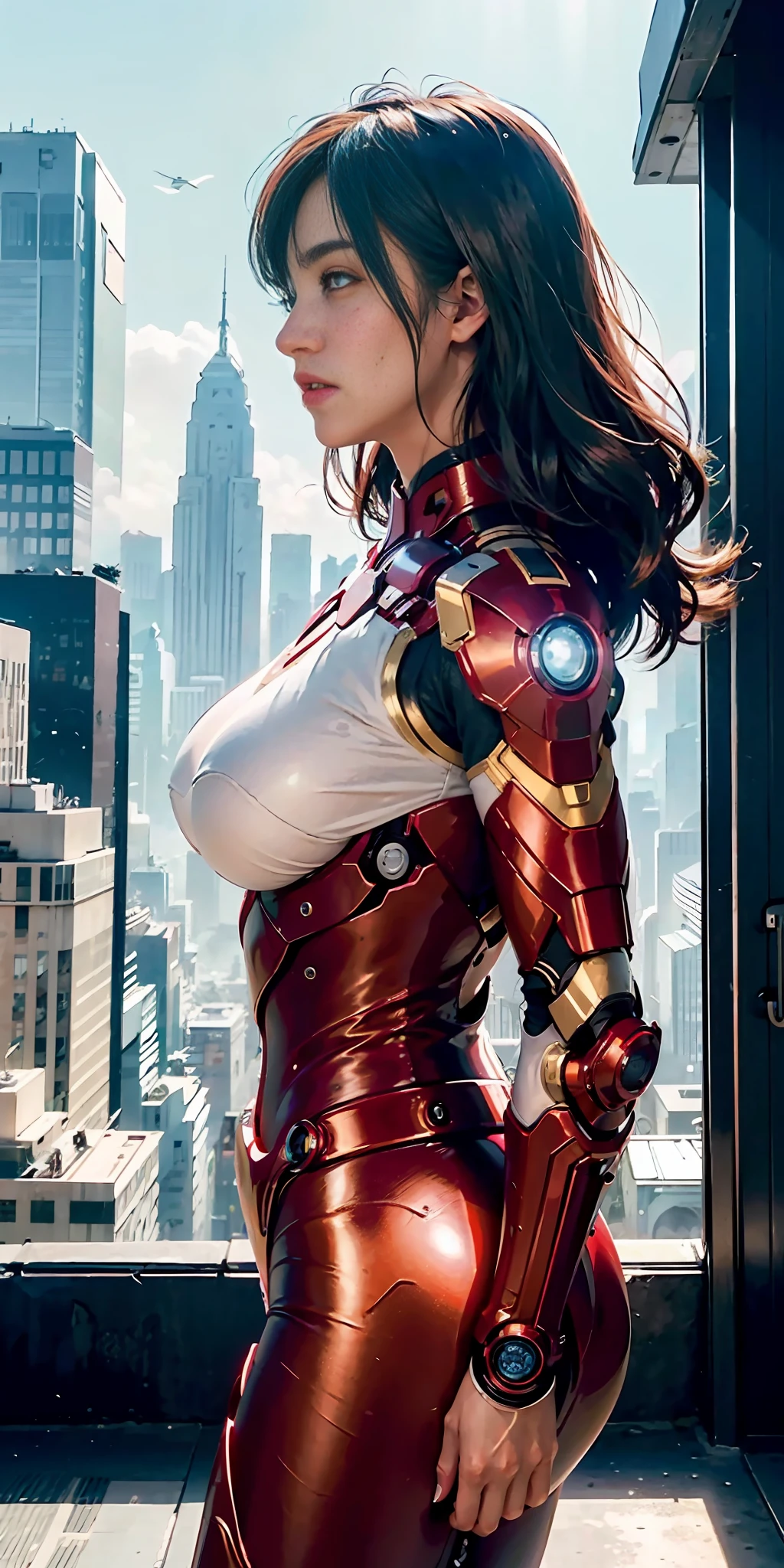 (1girl:1.3), solo, __body-parts__, official art, unified 8k wallpaper, super detailed, beautiful and aesthetic, beautiful, masterpiece, best quality, raw, masterpiece, super fine photo, best quality, super high resolution, photorealistic realism, sunlight, full body portrait, amazing beauty, dynamic pose, delicate face, vibrant eyes, (viewed from the side), big breasts, she is wearing a futuristic Iron Man mech, red and gold color scheme, Very detailed futuristic city background, detailed face, gorgeous, milky white, highly detailed skin, realistic skin details, visible pores, sharp focus, volumetric fog, 8k uhd, DSLR, high quality, film grain, fair skin, photo realism, lomography, huge metropolis in futuristic dystopia, seen from below, translucent