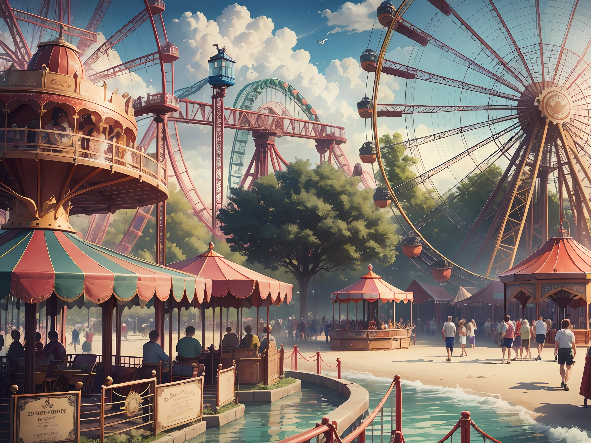 , amusement parks, roller coasters, carousels, bumper cars, Ferris wheels, pirate ships, roller coasters, water parks, very detailed, ultra high resolution, 8K UHD --v 6