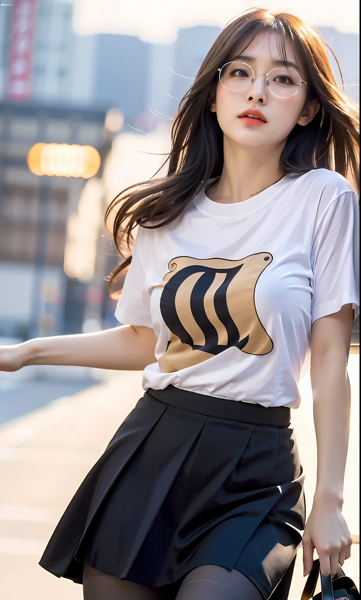 ulzzang-6500-v1.1,(raw photo:1.2), (photorealistic:1.4), beautiful detailed girl, very detailed eyes and face, beautiful detailed eyes, ridiculous, incredibly ridiculous, huge file size, super detailed, high resolution, very detailed, best quality, masterpiece, ((t-shirt)), illustration, very detailed, CG, unified, 8k wallpaper, amazing, fine details, masterpiece, Best quality, very detailed CG unified 8k wallpaper, face light, movie lighting, 1girl, 16 years old, long white hair, side split, (big breasts), (no panties)), (with glasses), (dynamic pose), (sexy pose), ((camel toe))), (half), ((pantyhose)), ((black hip skirt)), (bent knees)))))