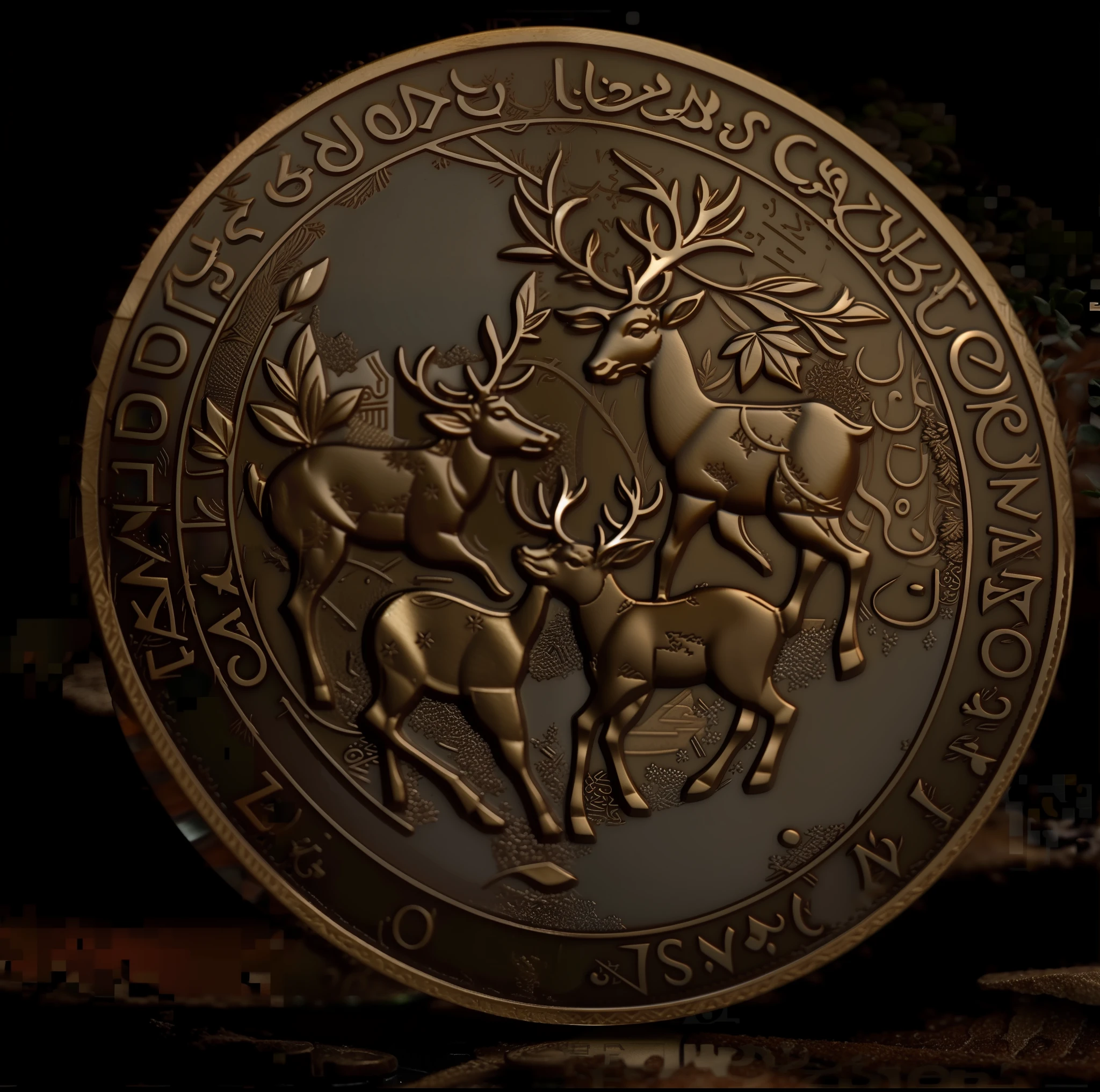 Close up of a coin with a deer on it, Arabic text, coin, depicted in 3 D, front view, engraving